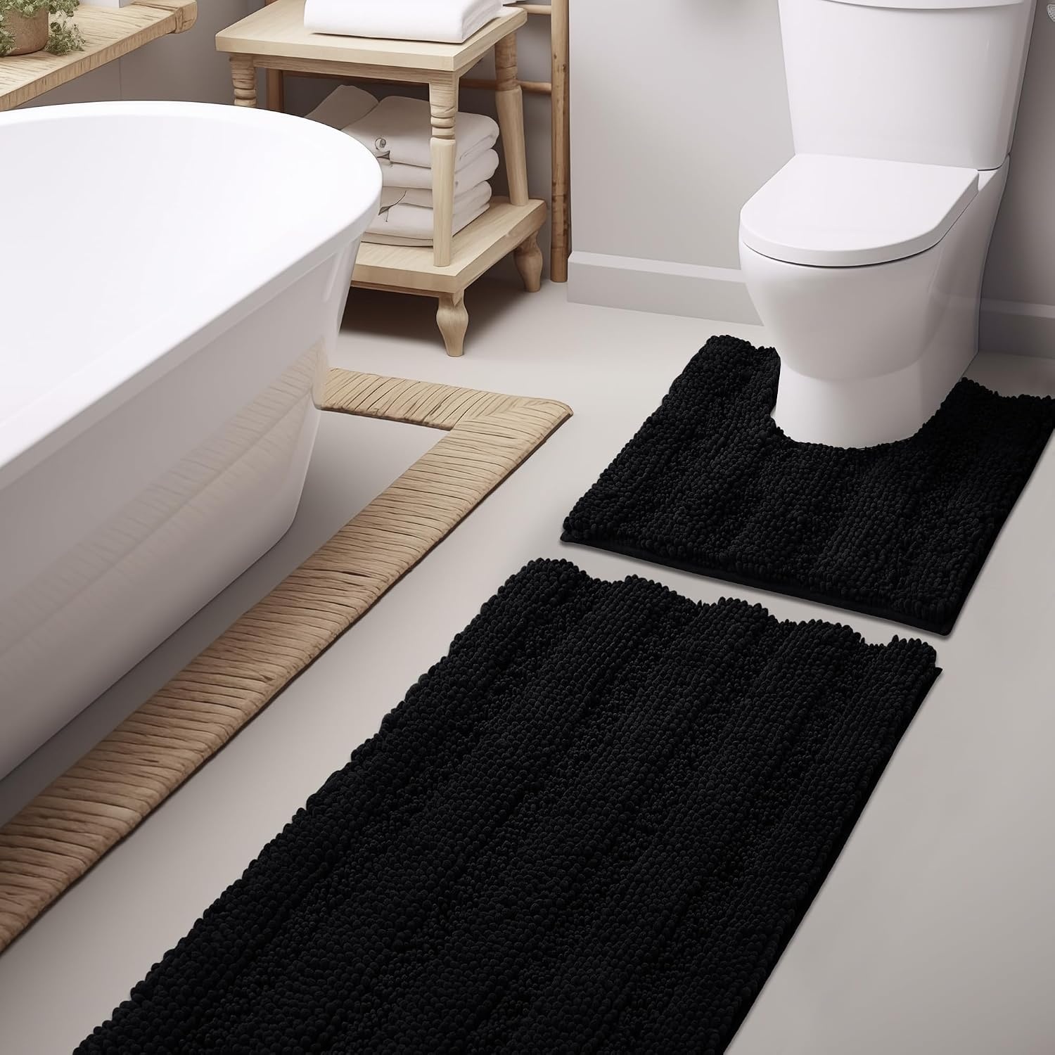 image:imageNICETOWN Black Bathroom Floor Mat AntiSlip Soft Living Room Bedroom Mat Floor Water Absorbent LowProfile Rug Doormat for Entry Mud Room Mat Back Door High Traffic Areas 47 x 24 inchesBlack