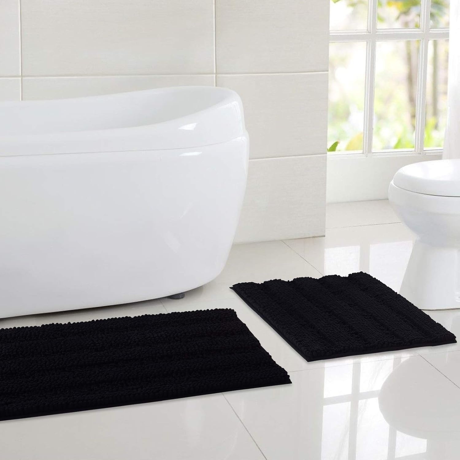 image:imageNICETOWN Black Bathroom Floor Mat AntiSlip Soft Living Room Bedroom Mat Floor Water Absorbent LowProfile Rug Doormat for Entry Mud Room Mat Back Door High Traffic Areas 47 x 24 inchesBlack