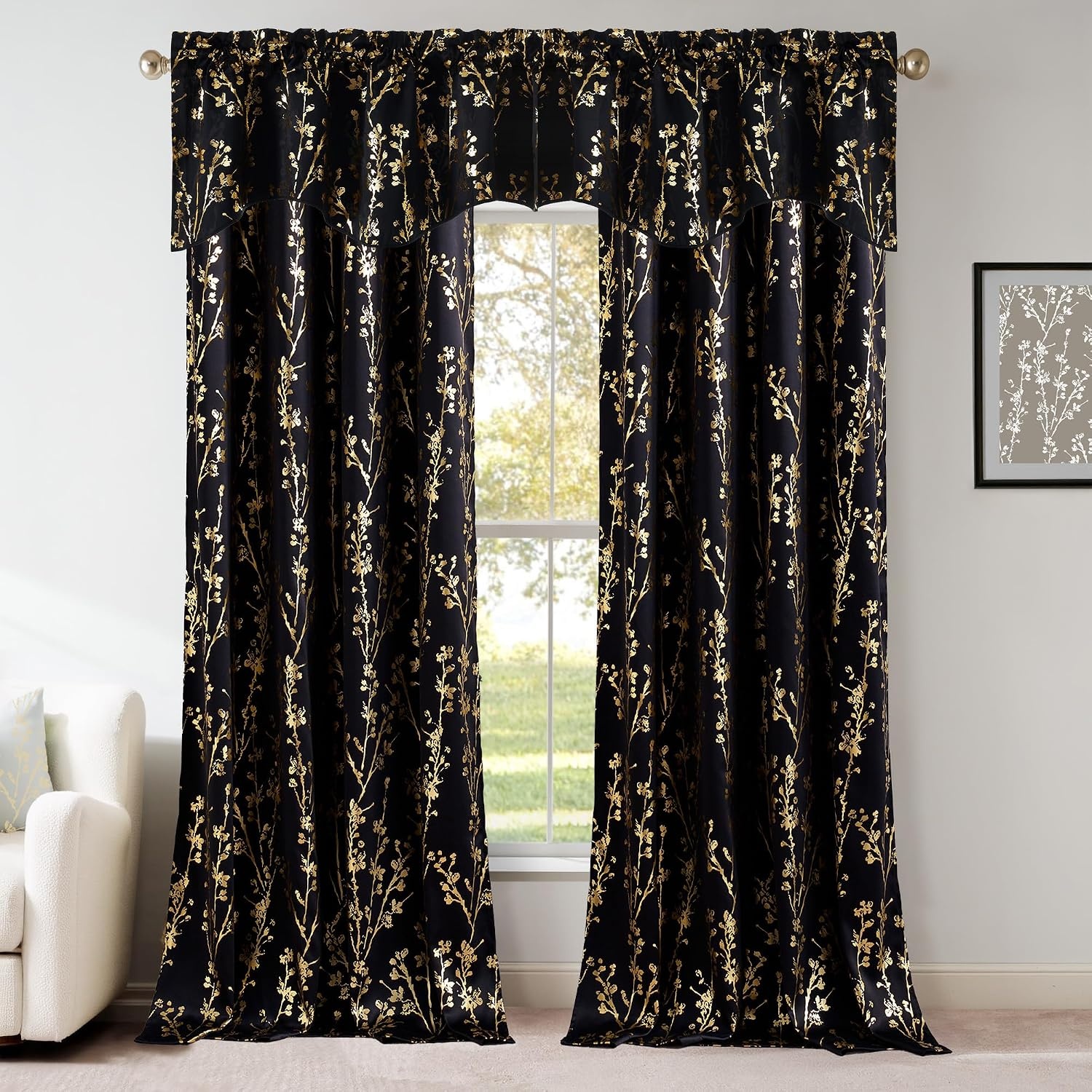image:imageNICETOWN Blackout Floral Kitchen Valances for Windows 52 x 18 Inch LengthFloral Print Black