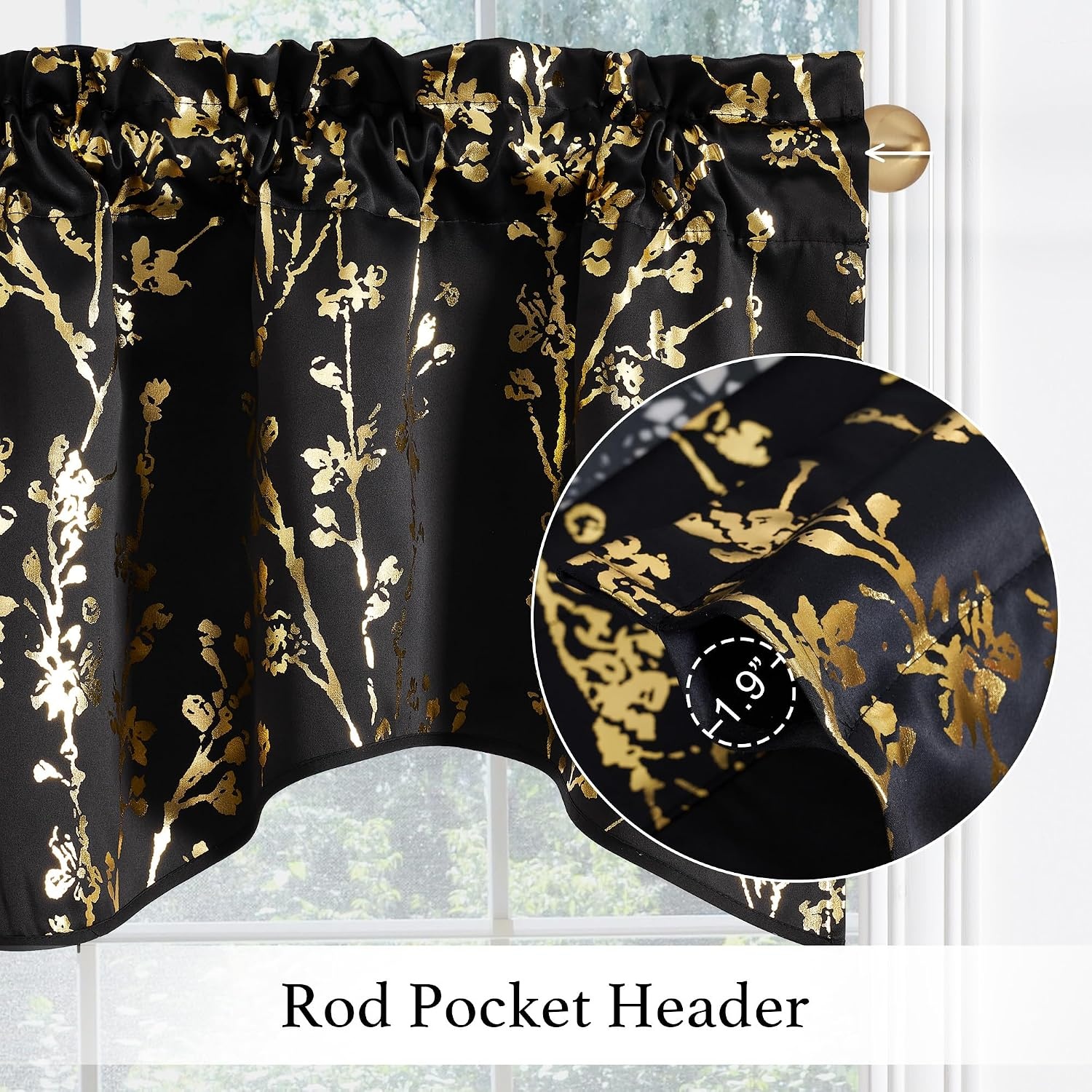 image:imageNICETOWN Blackout Floral Kitchen Valances for Windows 52 x 18 Inch LengthFloral Print Black