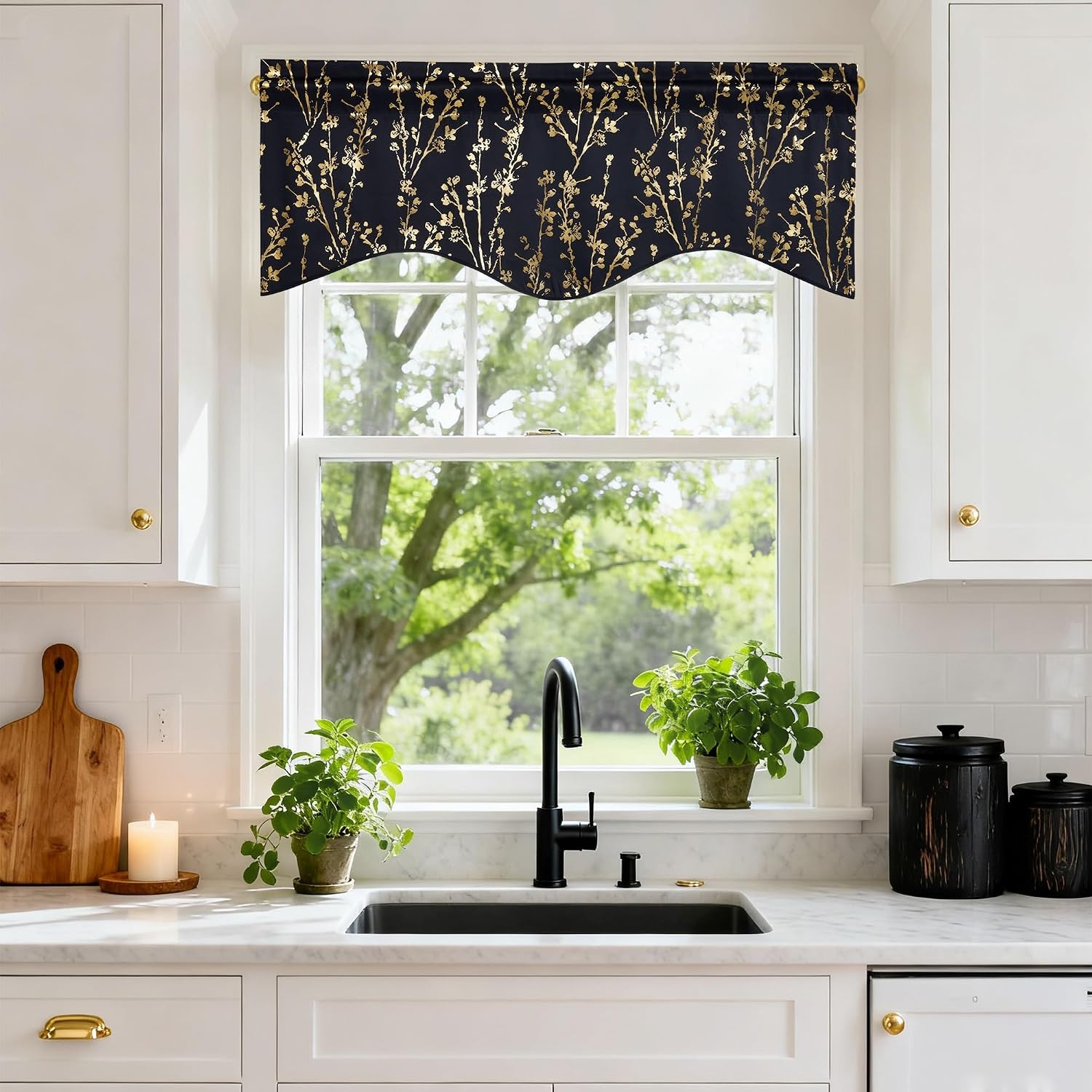 image:imageNICETOWN Blackout Floral Kitchen Valances for Windows 52 x 18 Inch LengthFloral Print Black
