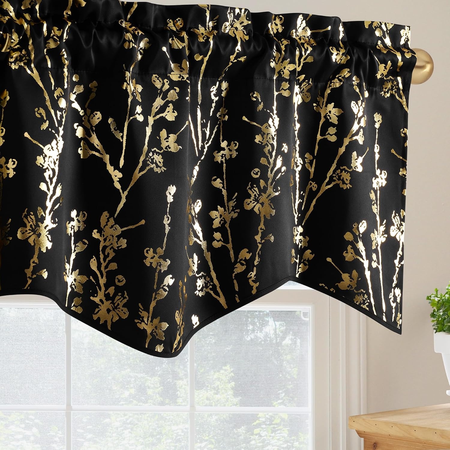 image:imageNICETOWN Blackout Floral Kitchen Valances for Windows 52 x 18 Inch LengthFloral Print Black