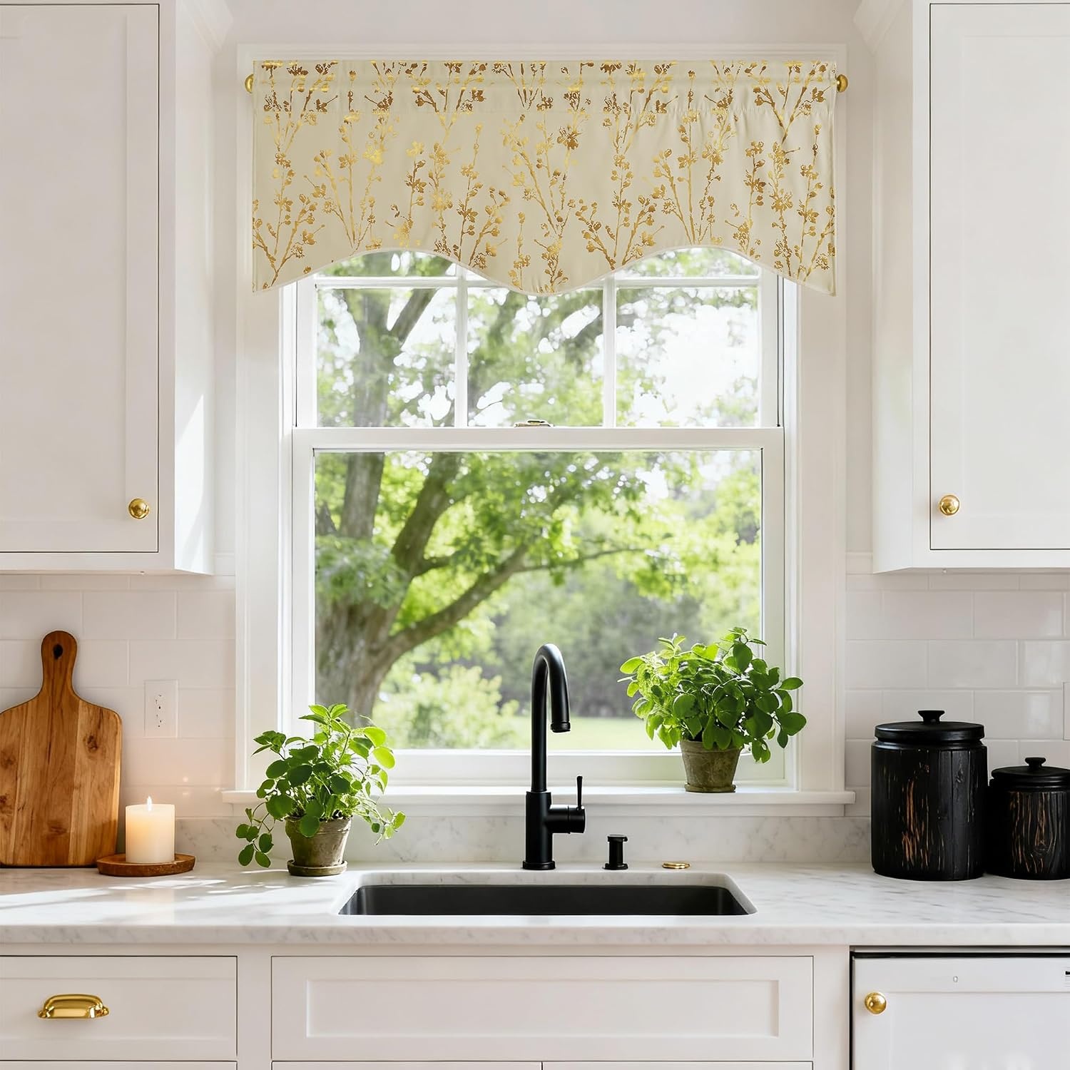 image:imageNICETOWN Blackout Floral Kitchen Valances for Windows 52 x 18 Inch LengthFloral Print Light Beige