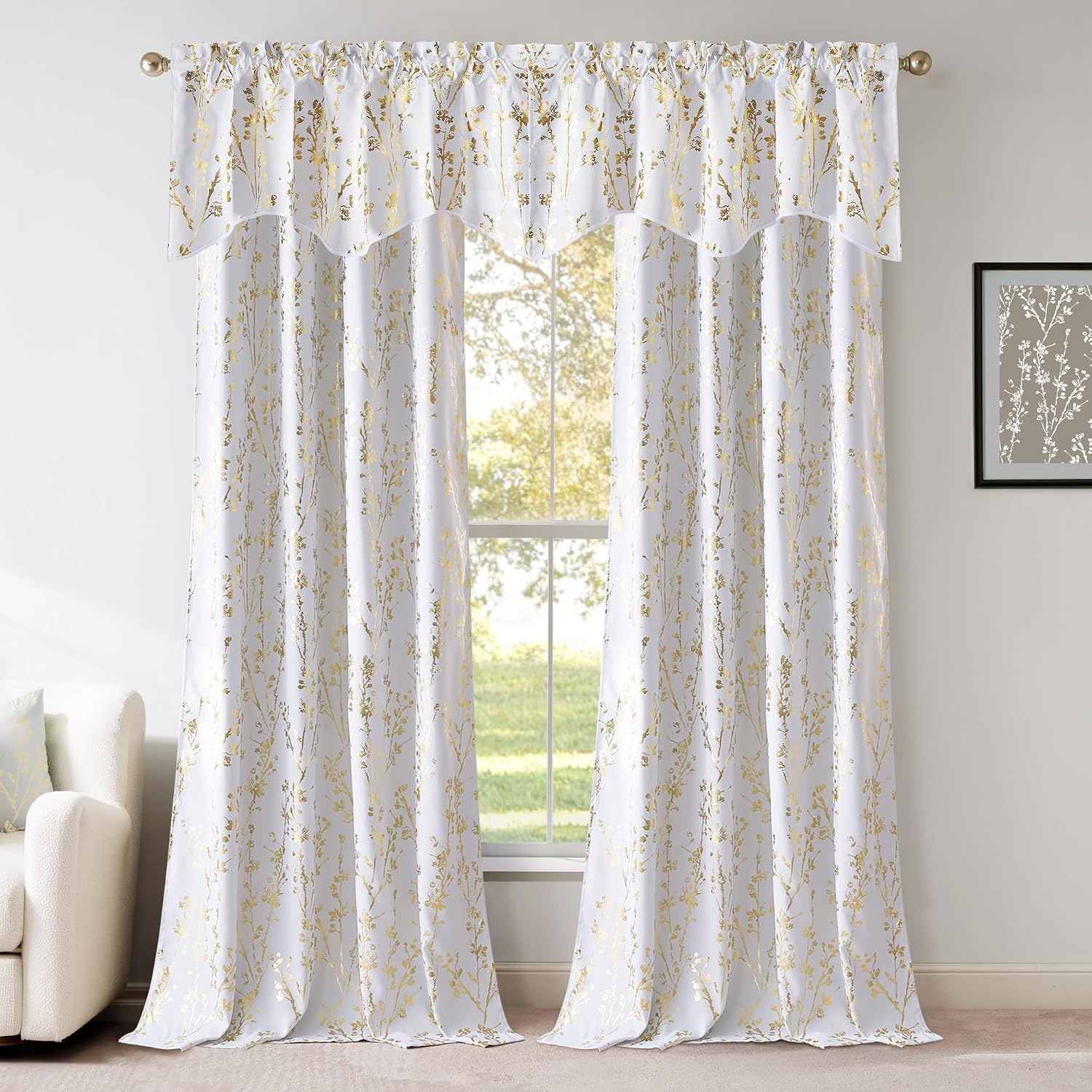 image:imageNICETOWN Blackout Floral Kitchen Valances for Windows 52 x 18 Inch LengthFloral Print White