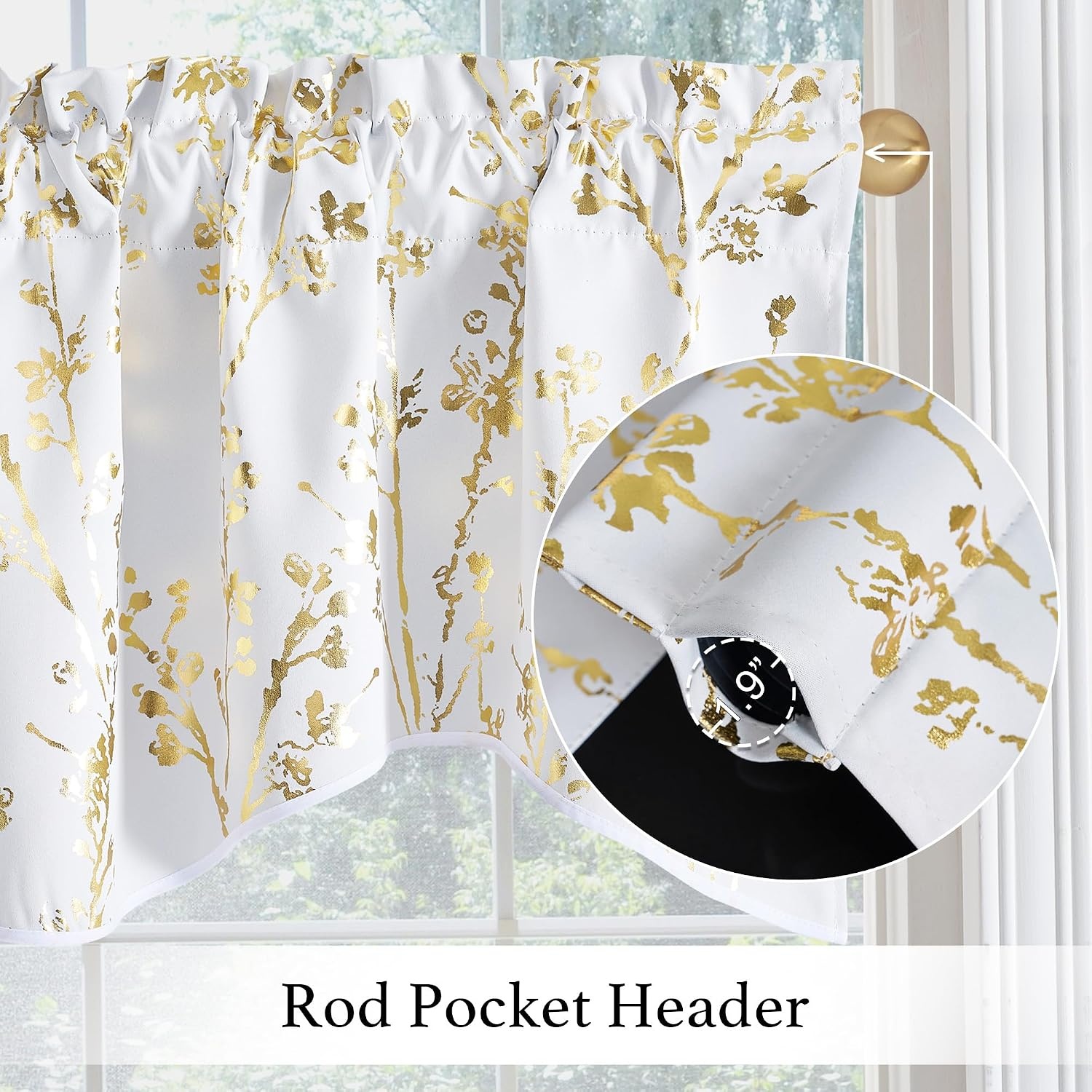 image:imageNICETOWN Blackout Floral Kitchen Valances for Windows 52 x 18 Inch LengthFloral Print White