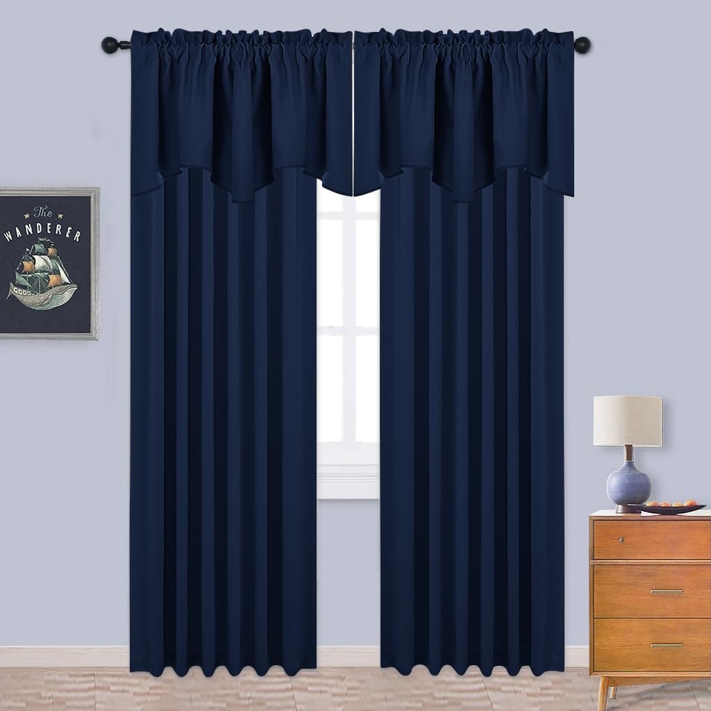 image:imageNICETOWN Blackout Floral Kitchen Valances for Windows 52 x 18 Inch LengthNavy