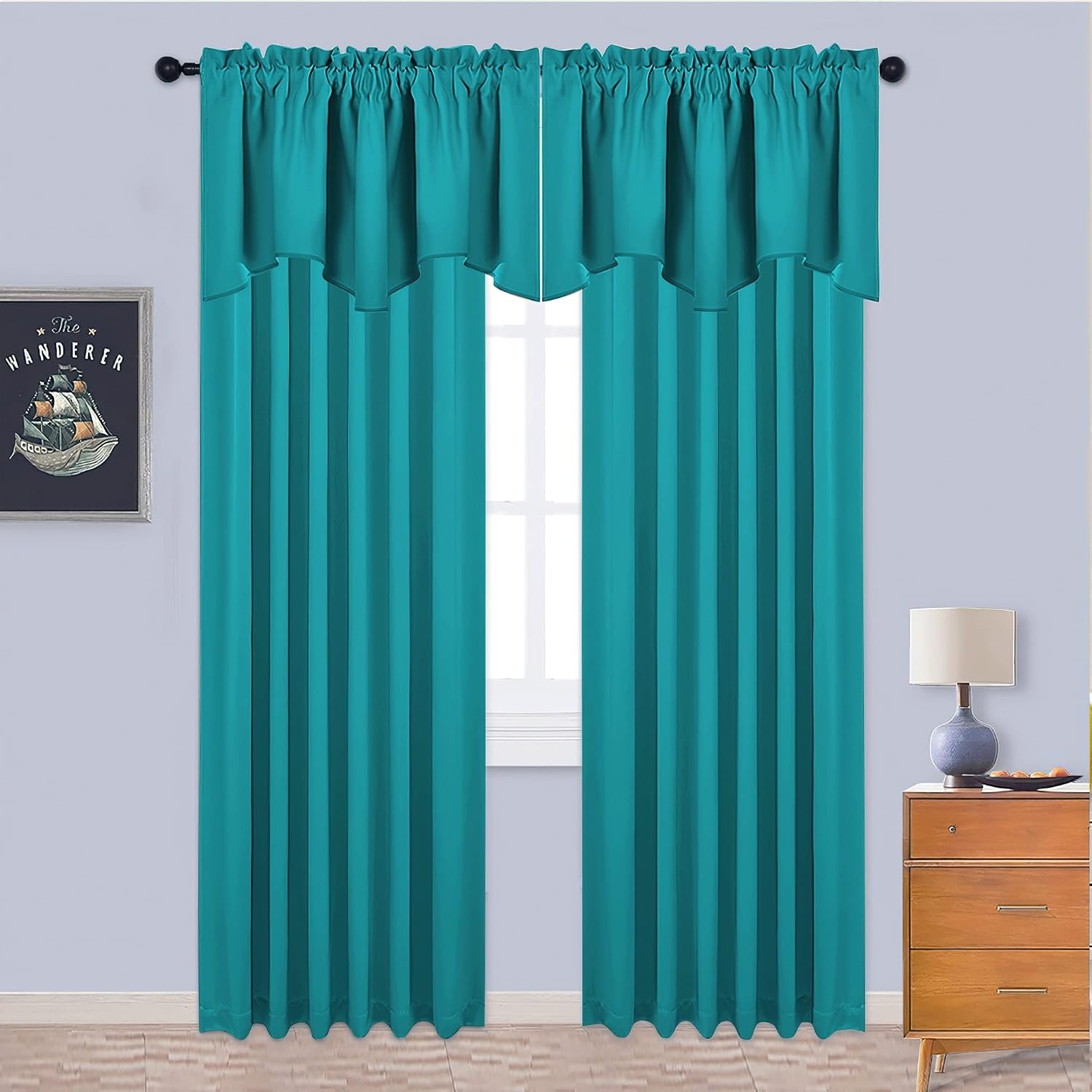 image:imageNICETOWN Blackout Floral Kitchen Valances for Windows 52 x 18 Inch LengthPeacock Teal