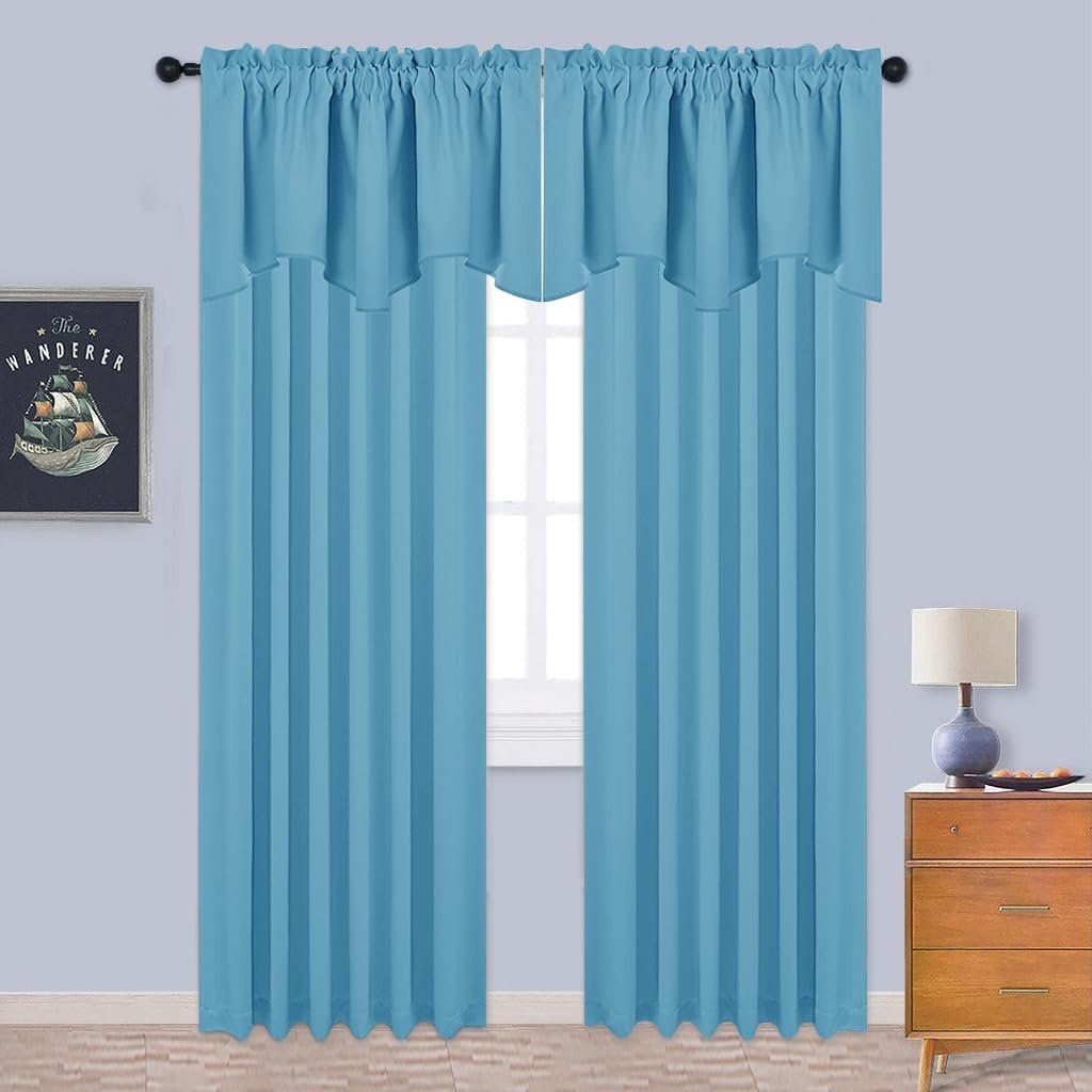 image:imageNICETOWN Blackout Floral Kitchen Valances for Windows 52 x 18 Inch LengthTeal Blue