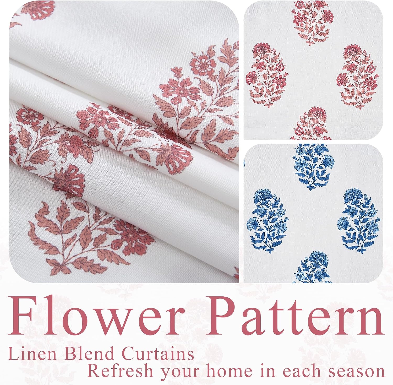 image:imageNICETOWN Floral Linen Curtains 84 inches Long Pink Pattern Printed for Girls Bedroom Nursery Boho Farmhouse Window Sheer Curtain Drapes Aesthetic Light Filtering Privacy 2 Panel Sets 55 WZ Pink 1