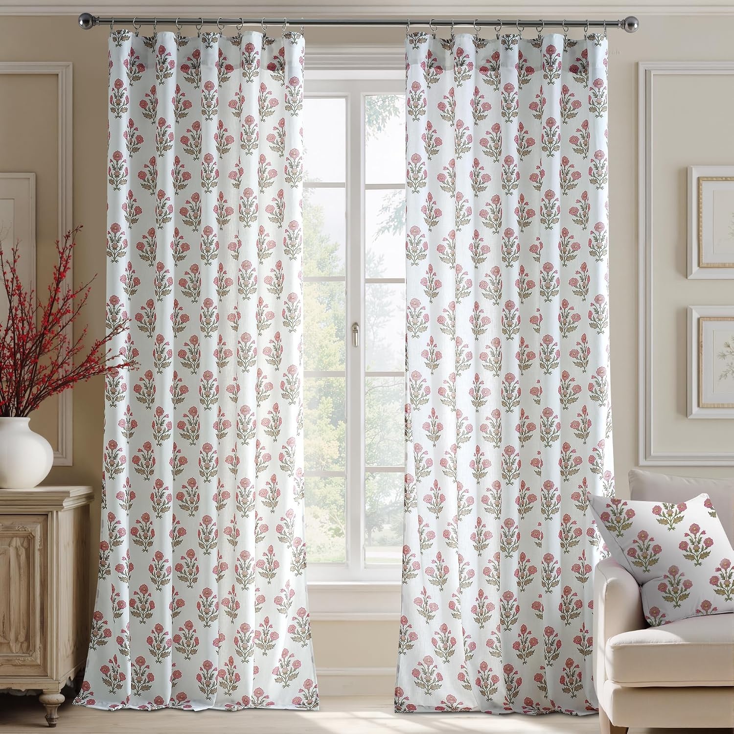 image:imageNICETOWN Floral Linen Curtains 84 inches Long Pink Pattern Printed for Girls Bedroom Nursery Boho Farmhouse Window Sheer Curtain Drapes Aesthetic Light Filtering Privacy 2 Panel Sets 55 WZ Pink 2