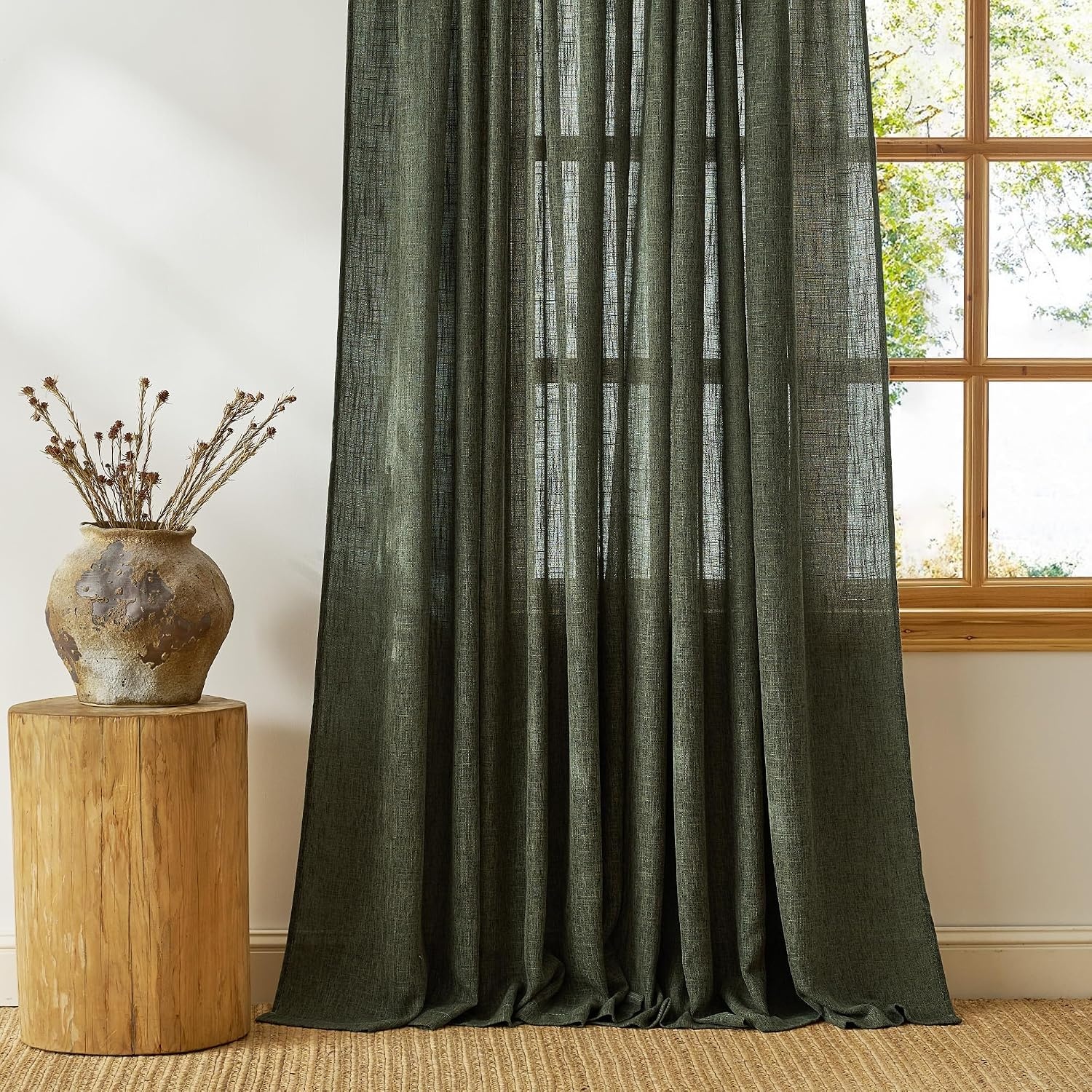 image:imageNICETOWN Floral Linen Curtains 84 inches Long Pink Pattern Printed for Girls Bedroom Nursery Boho Farmhouse Window Sheer Curtain Drapes Aesthetic Light Filtering Privacy 2 Panel Sets 55 WGreyish Moss