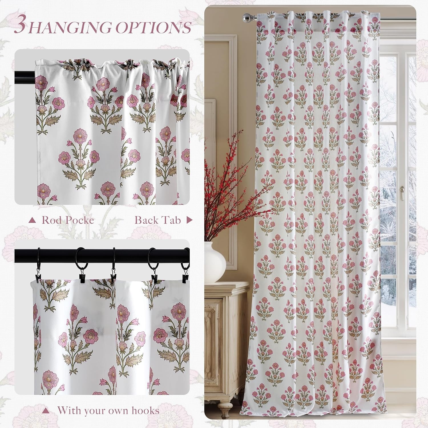 image:imageNICETOWN Floral Linen Curtains 84 inches Long Pink Pattern Printed for Girls Bedroom Nursery Boho Farmhouse Window Sheer Curtain Drapes Aesthetic Light Filtering Privacy 2 Panel Sets 55 WZ Pink 2
