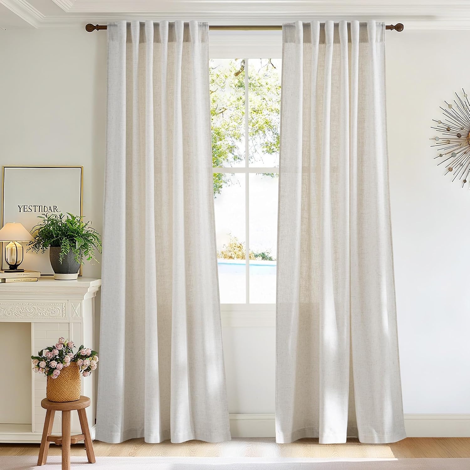 image:imageNICETOWN Floral Linen Curtains 84 inches Long Pink Pattern Printed for Girls Bedroom Nursery Boho Farmhouse Window Sheer Curtain Drapes Aesthetic Light Filtering Privacy 2 Panel Sets 55 WLinen