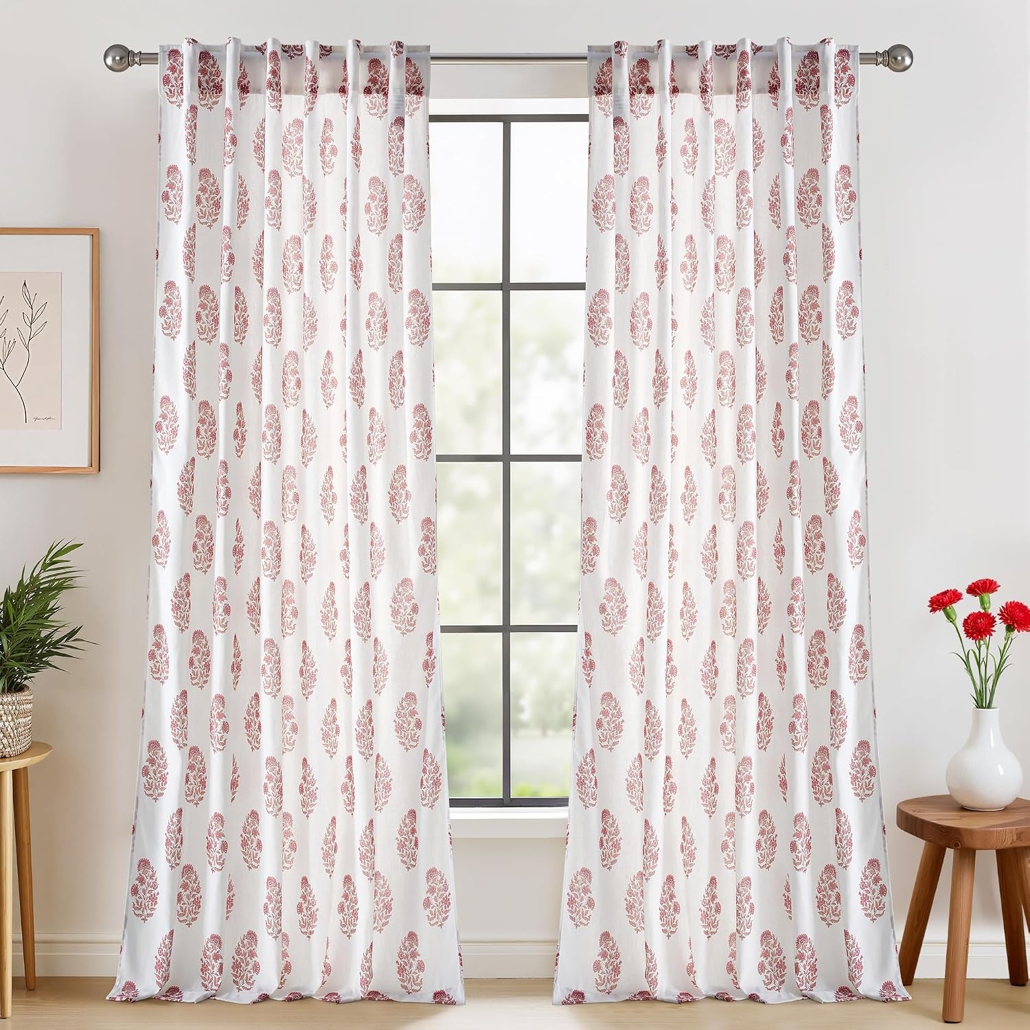 image:imageNICETOWN Floral Linen Curtains 84 inches Long Pink Pattern Printed for Girls Bedroom Nursery Boho Farmhouse Window Sheer Curtain Drapes Aesthetic Light Filtering Privacy 2 Panel Sets 55 WZ Pink 1