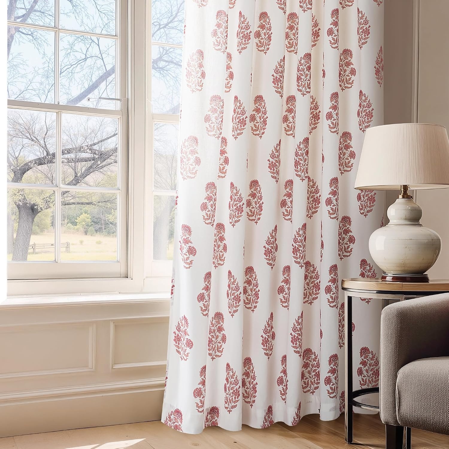 image:imageNICETOWN Floral Linen Curtains 84 inches Long Pink Pattern Printed for Girls Bedroom Nursery Boho Farmhouse Window Sheer Curtain Drapes Aesthetic Light Filtering Privacy 2 Panel Sets 55 WZ Pink 1