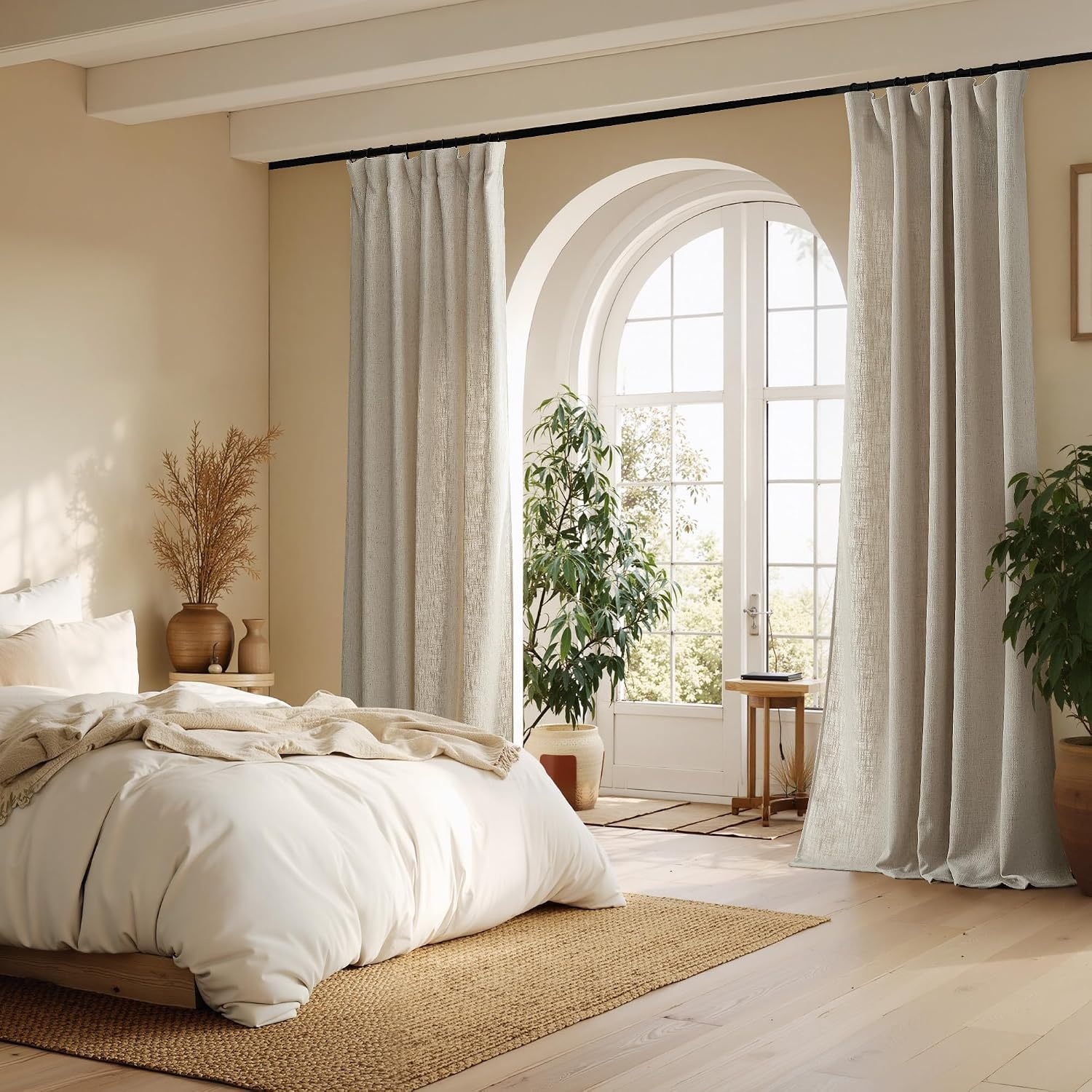 image:imageNICETOWN Floral Linen Curtains 84 inches Long Pink Pattern Printed for Girls Bedroom Nursery Boho Farmhouse Window Sheer Curtain Drapes Aesthetic Light Filtering Privacy 2 Panel Sets 55 WTaupe