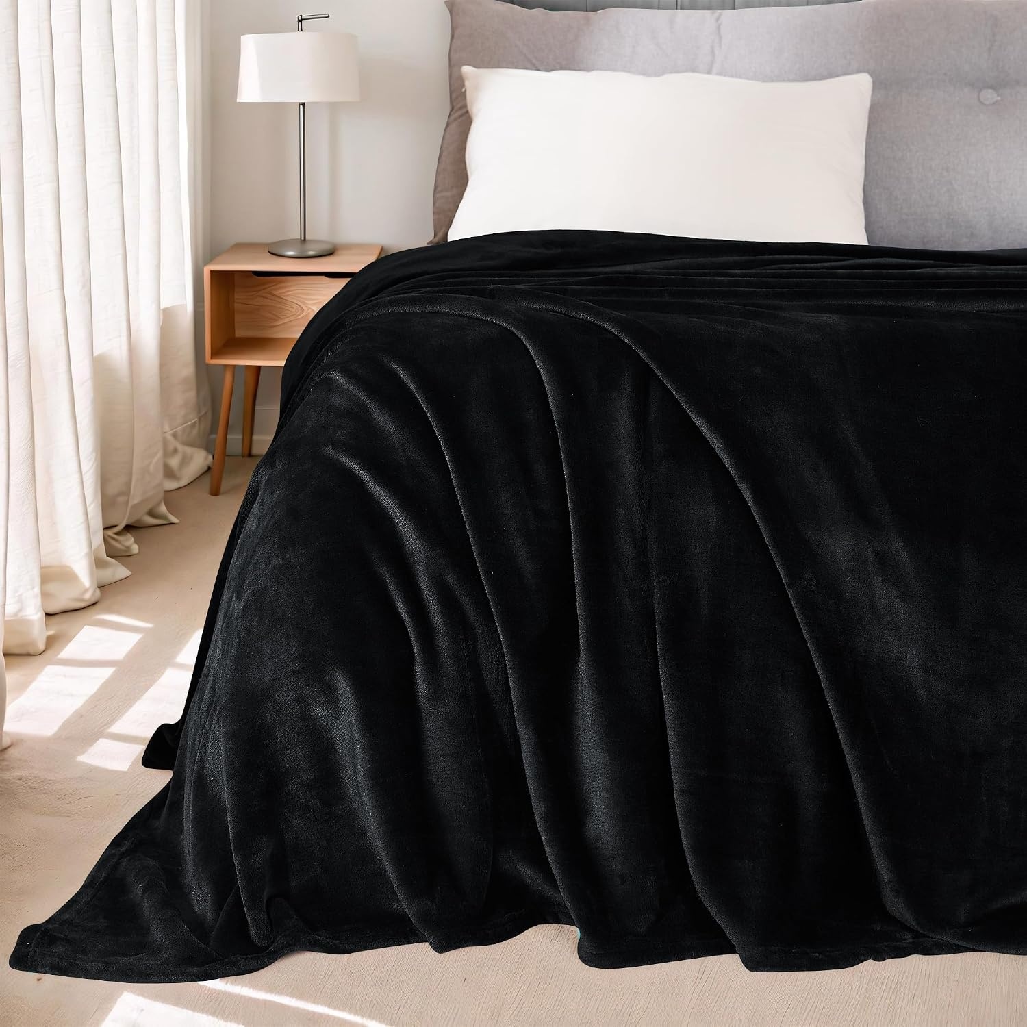 image:imageNICETOWN Grey Fleece Twin Blanket 300GSM Soft Lightweight Plush Cozy Twin Blankets for Bed Sofa Couch Travel Camping 60x80 inchesBlack