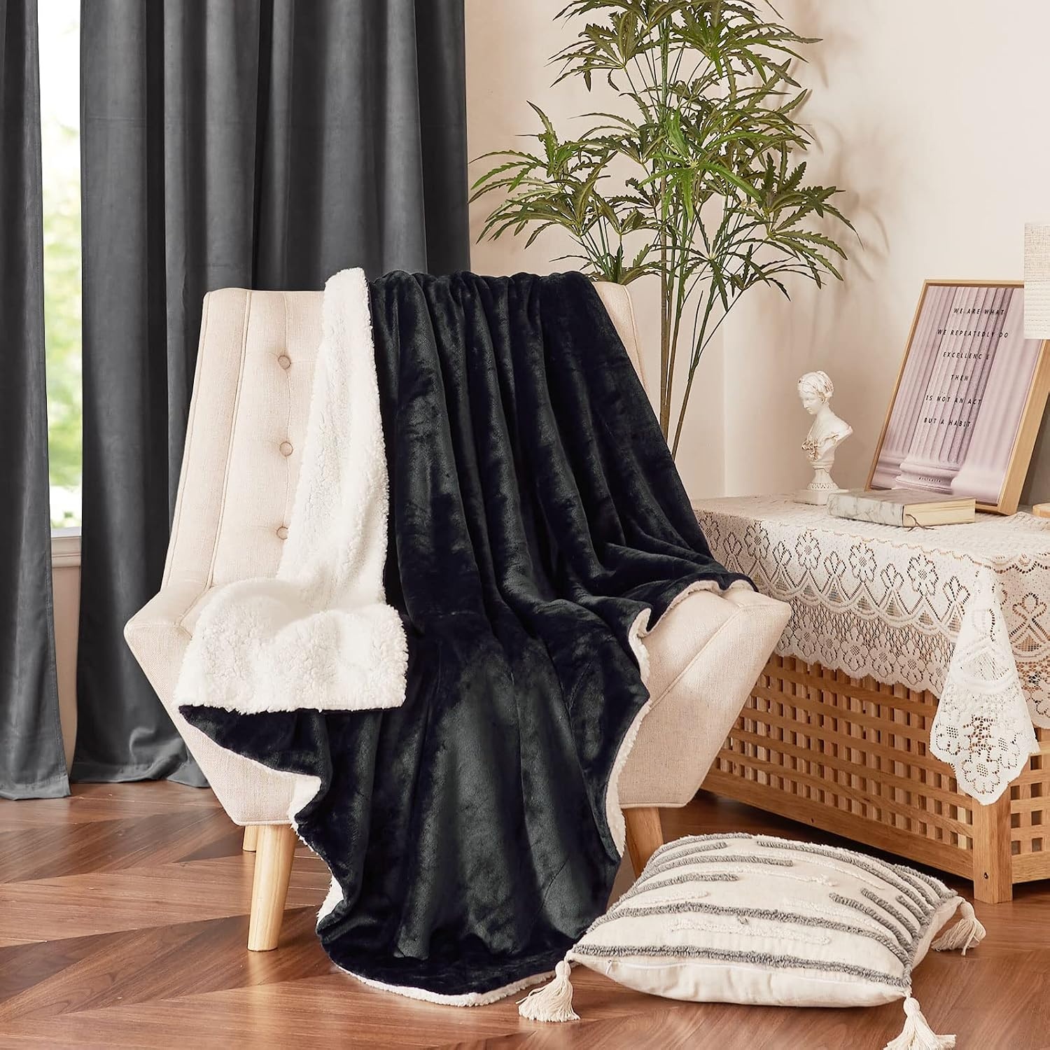image:imageNICETOWN Grey Fleece Twin Blanket 300GSM Soft Lightweight Plush Cozy Twin Blankets for Bed Sofa Couch Travel Camping 60x80 inchesSherpa Fleece Black