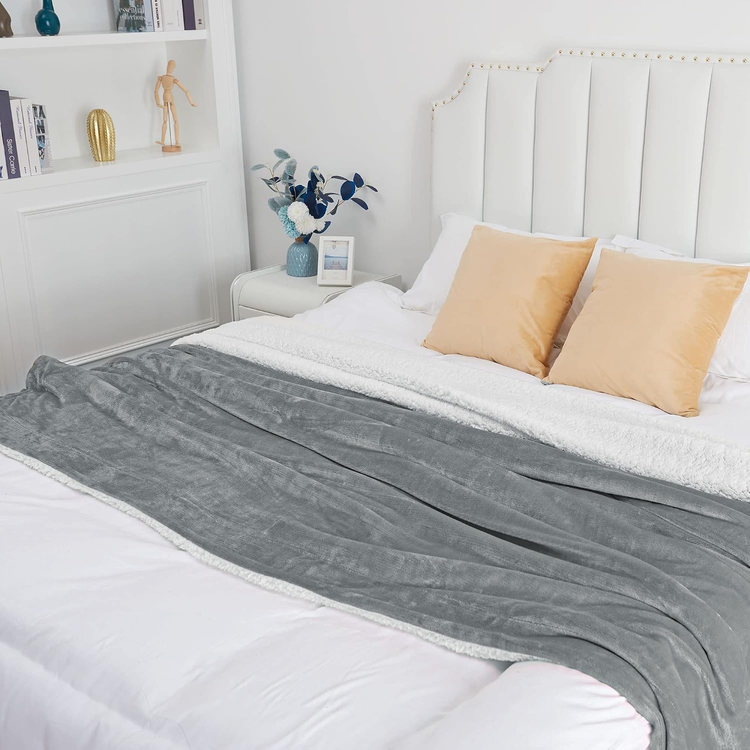 image:imageNICETOWN Grey Fleece Twin Blanket 300GSM Soft Lightweight Plush Cozy Twin Blankets for Bed Sofa Couch Travel Camping 60x80 inchesSherpa Fleece Light Grey