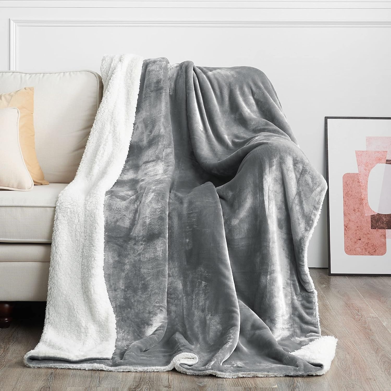 image:imageNICETOWN Grey Fleece Twin Blanket 300GSM Soft Lightweight Plush Cozy Twin Blankets for Bed Sofa Couch Travel Camping 60x80 inchesSherpa Fleece Light Grey