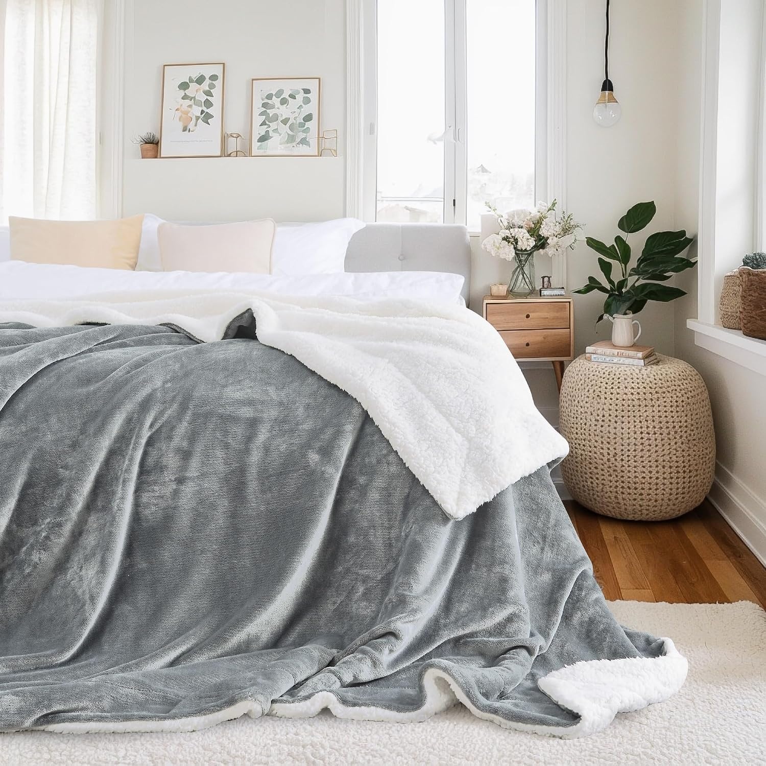 image:imageNICETOWN Grey Fleece Twin Blanket 300GSM Soft Lightweight Plush Cozy Twin Blankets for Bed Sofa Couch Travel Camping 60x80 inchesSherpa Fleece Light Grey