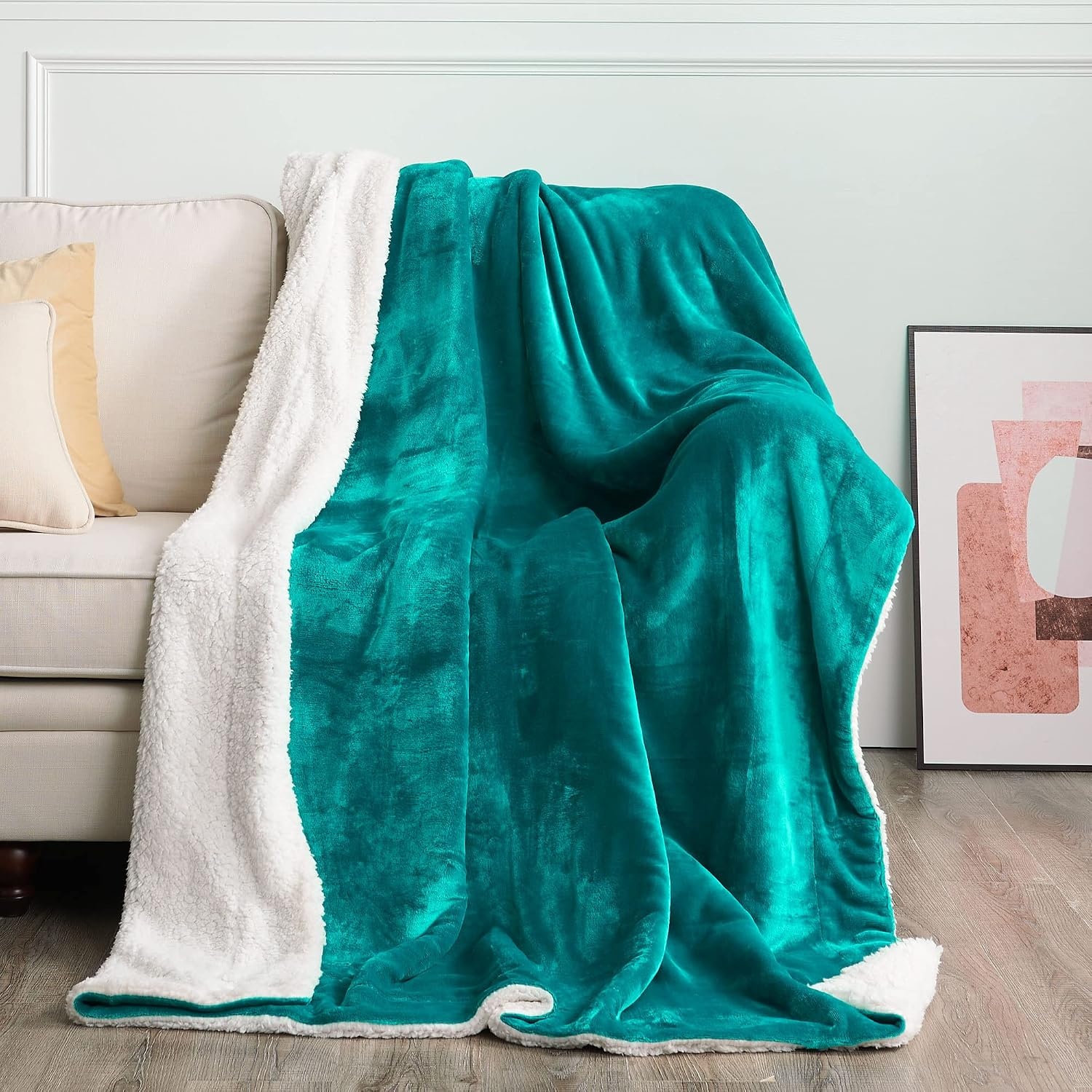 image:imageNICETOWN Grey Fleece Twin Blanket 300GSM Soft Lightweight Plush Cozy Twin Blankets for Bed Sofa Couch Travel Camping 60x80 inchesSherpa Fleece Teal