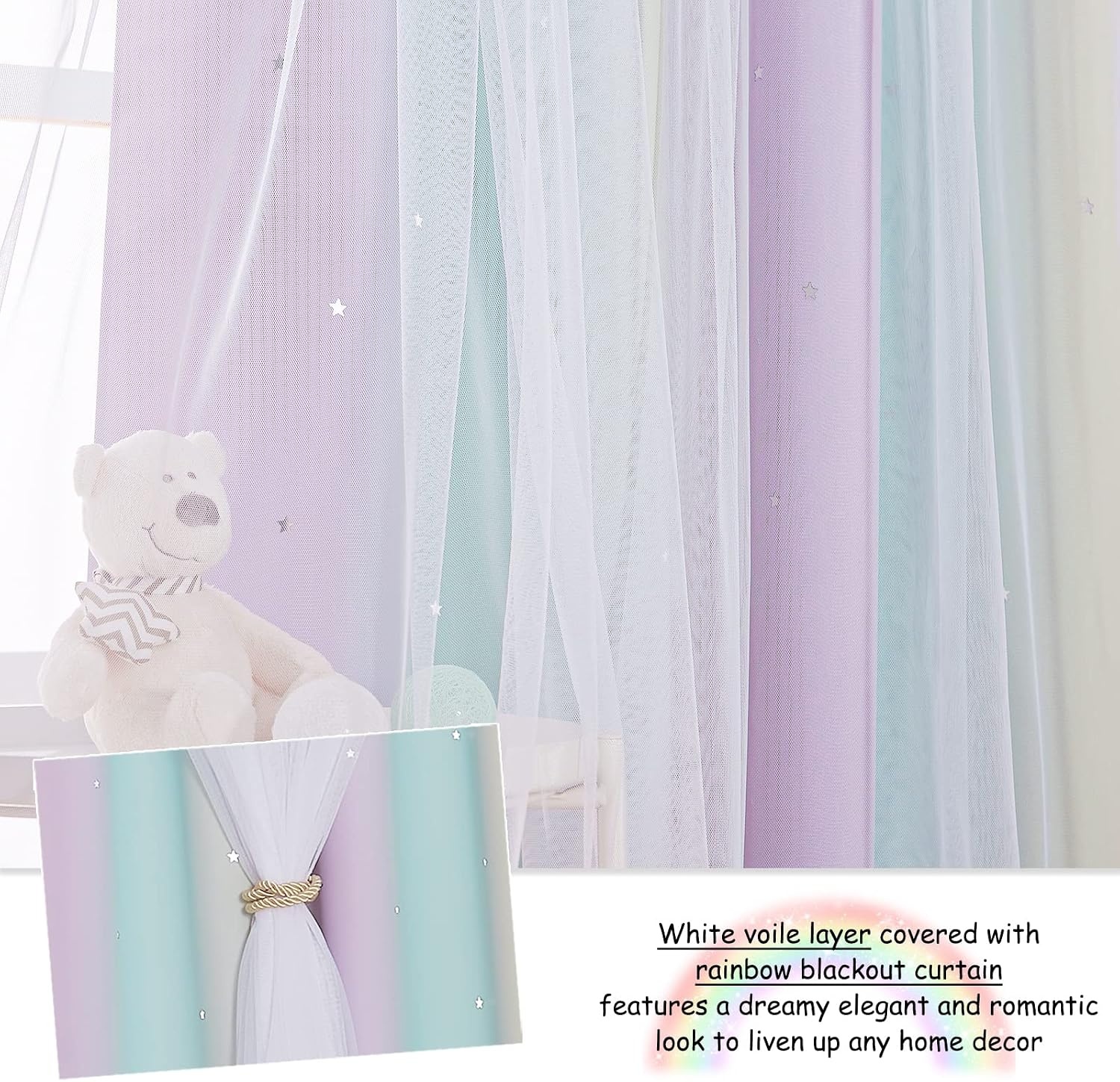 image:imageNICETOWN Kids Room Decor Curtains for Girls Nursery Star Cut Princess Room Design Curtains with Versatile Styling Options for Backdrops Pink amp Yellow amp Green amp Pink Each is W52 x L84 Sold by 2Purple Blue Yellow