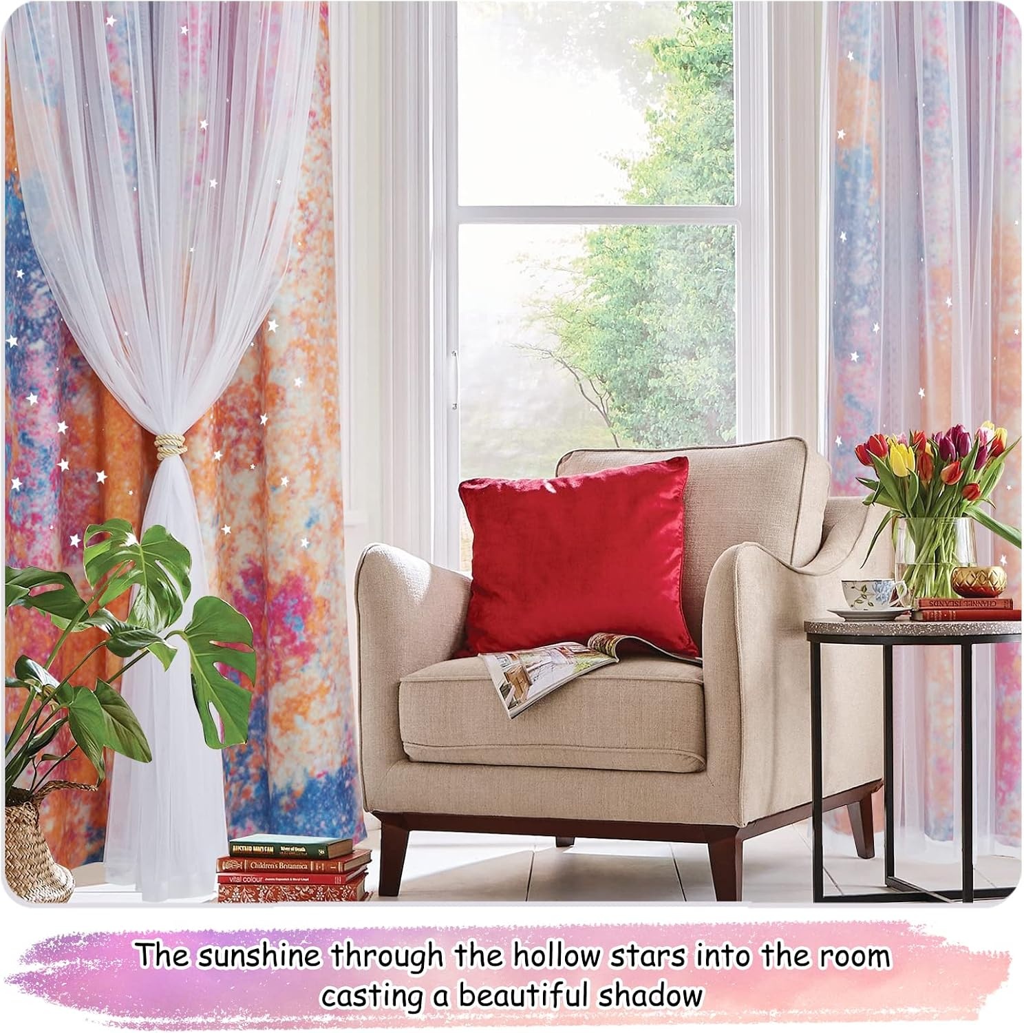 image:imageNICETOWN Kids Room Decor Curtains for Girls Nursery Star Cut Princess Room Design Curtains with Versatile Styling Options for Backdrops Pink amp Yellow amp Green amp Pink Each is W52 x L84 Sold by 2Yellow Pink