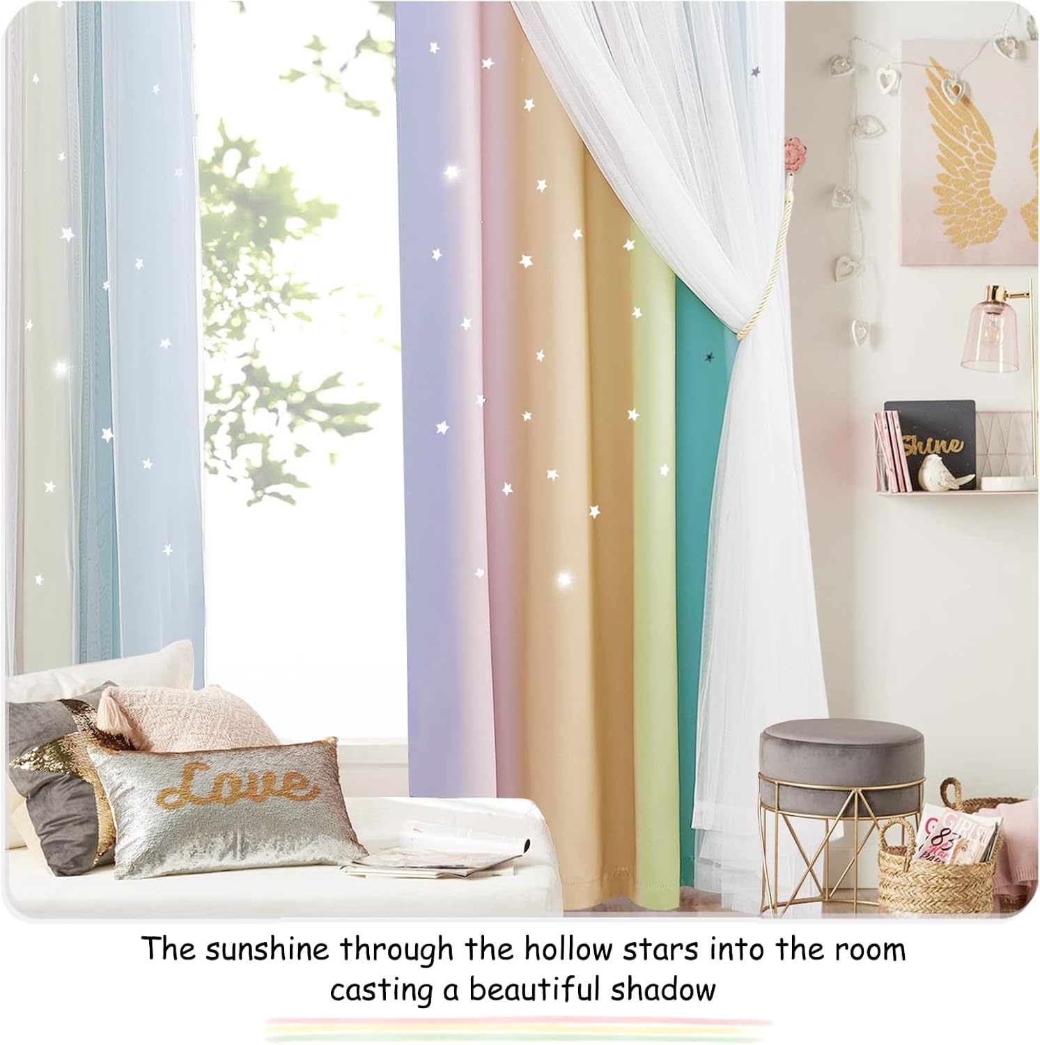 image:imageNICETOWN Kids Room Decor Curtains for Girls Nursery Star Cut Princess Room Design Curtains with Versatile Styling Options for Backdrops Pink amp Yellow amp Green amp Pink Each is W52 x L84 Sold by 2Rainbow3