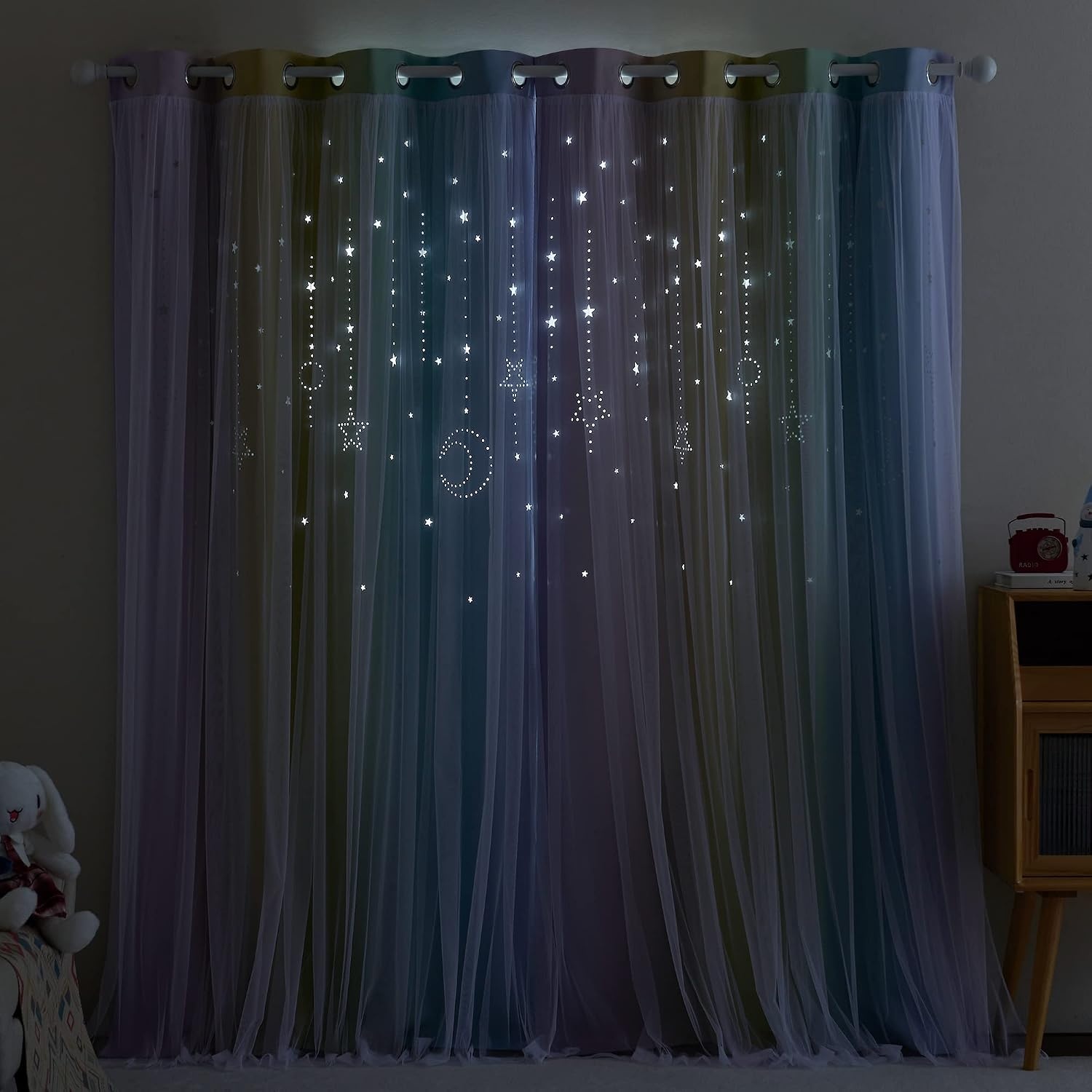 image:imageNICETOWN Kids Room Decor Curtains for Girls Nursery Star Cut Princess Room Design Curtains with Versatile Styling Options for Backdrops Pink amp Yellow amp Green amp Pink Each is W52 x L84 Sold by 2Moon Star Rainbow1
