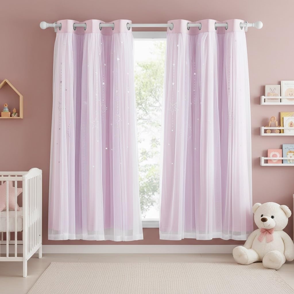 image:imageNICETOWN Kids Room Decor Curtains for Girls Nursery Star Cut Princess Room Design Curtains with Versatile Styling Options for Backdrops Pink amp Yellow amp Green amp Pink Each is W52 x L84 Sold by 2Moon Star Baby Pink