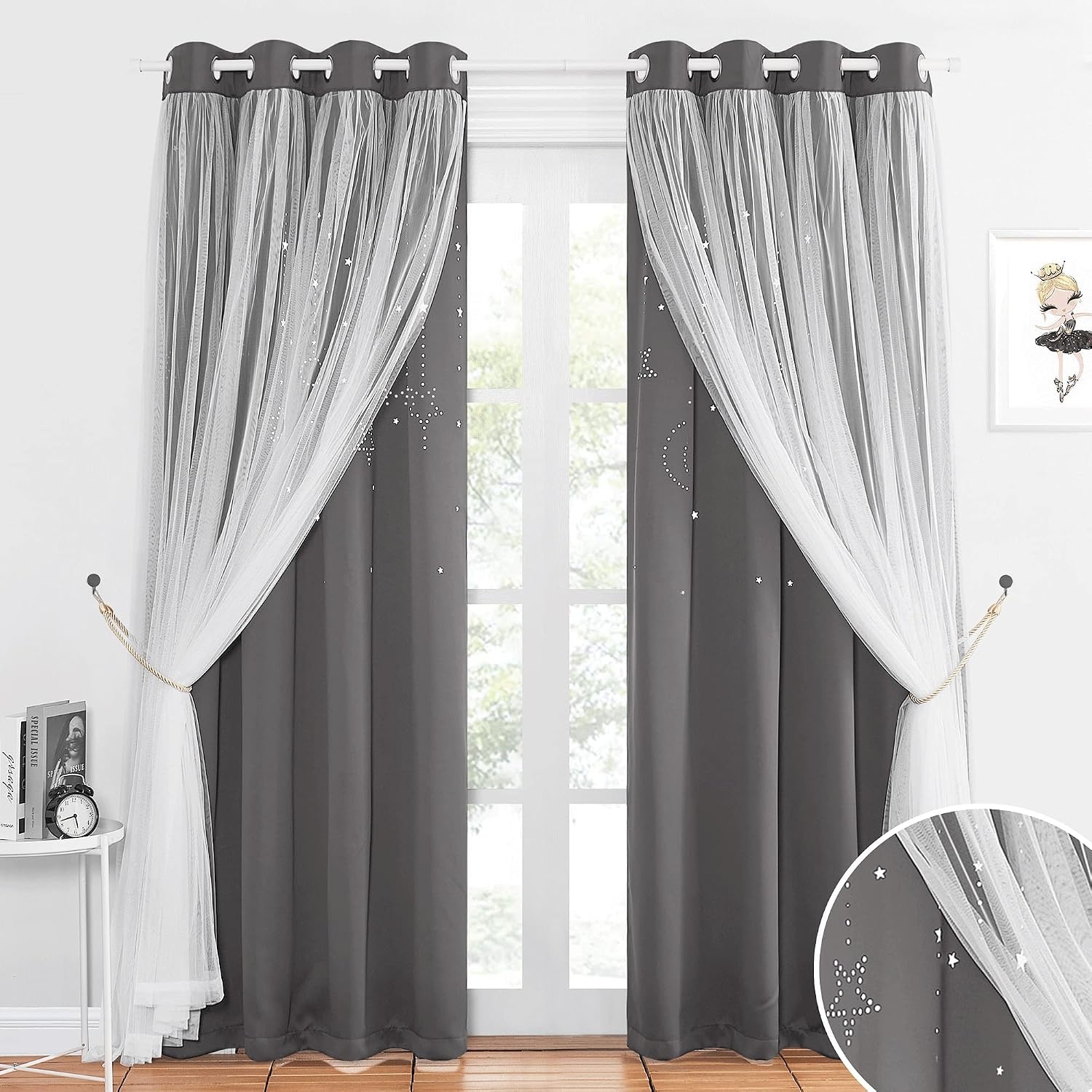image:imageNICETOWN Kids Room Decor Curtains for Girls Nursery Star Cut Princess Room Design Curtains with Versatile Styling Options for Backdrops Pink amp Yellow amp Green amp Pink Each is W52 x L84 Sold by 2Moon Star Grey