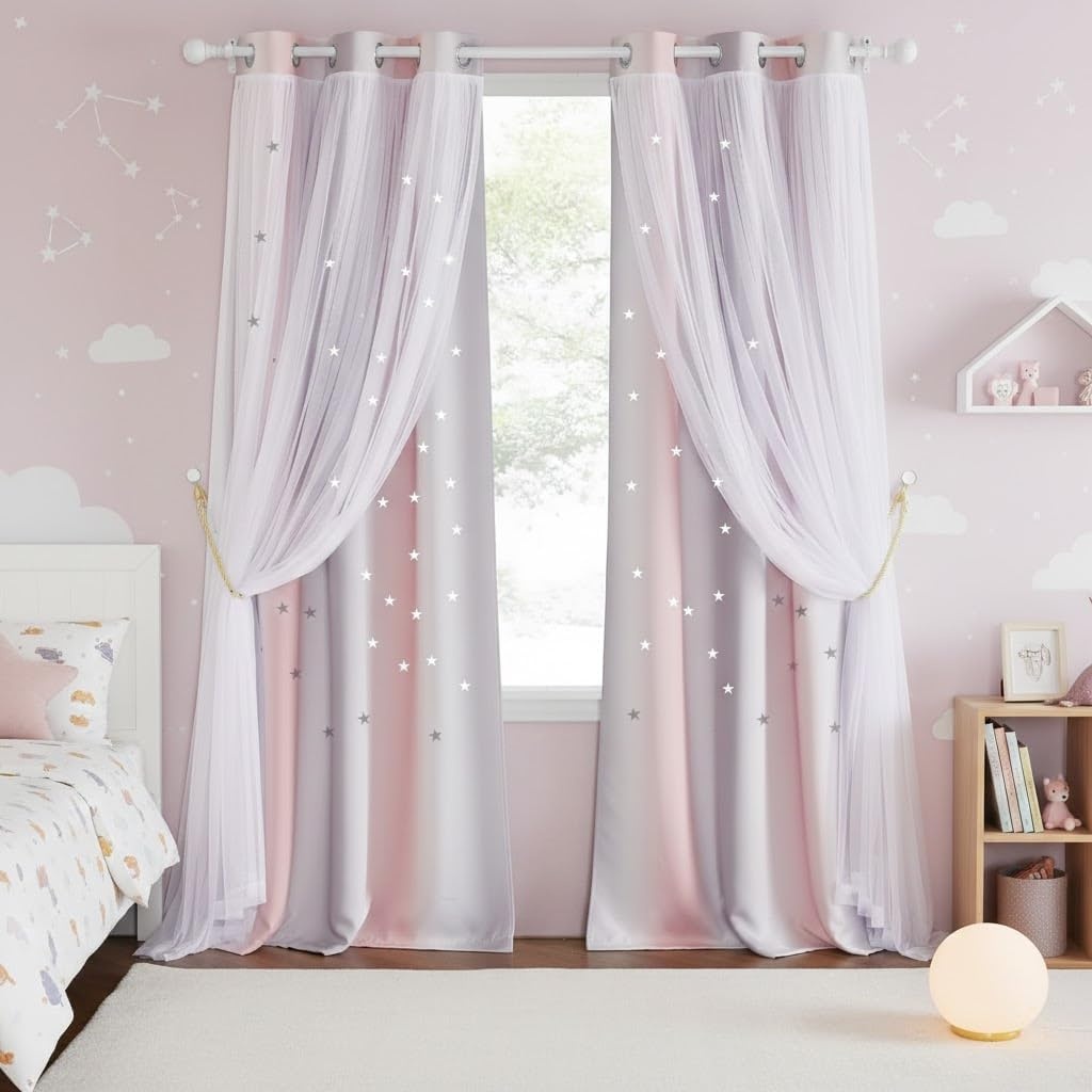 image:imageNICETOWN Kids Room Decor Curtains for Girls Nursery Star Cut Princess Room Design Curtains with Versatile Styling Options for Backdrops Pink amp Yellow amp Green amp Pink Each is W52 x L84 Sold by 2Pink Grey