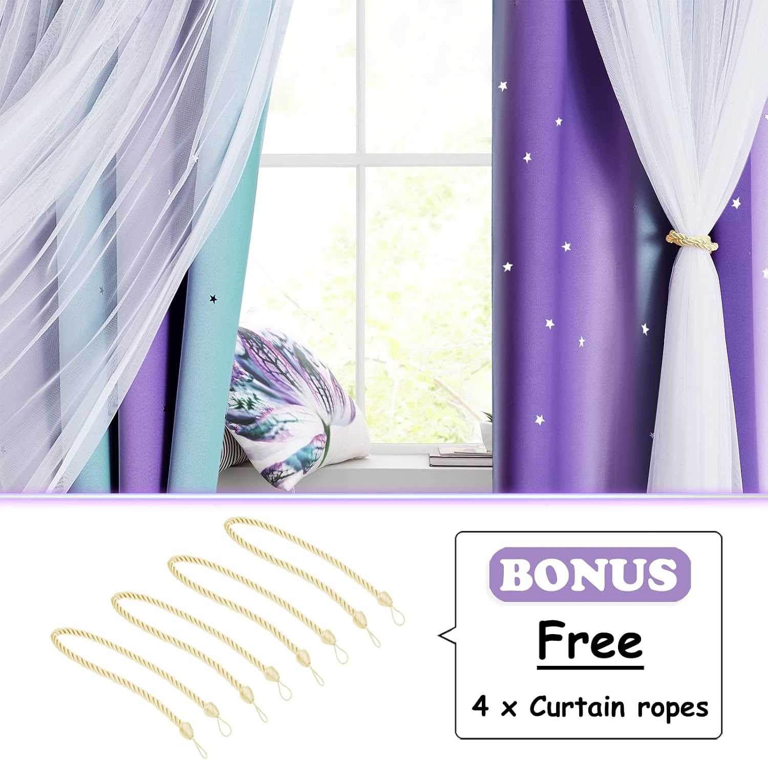image:imageNICETOWN Kids Room Decor Curtains for Girls Nursery Star Cut Princess Room Design Curtains with Versatile Styling Options for Backdrops Pink amp Yellow amp Green amp Pink Each is W52 x L84 Sold by 2Teal Purple