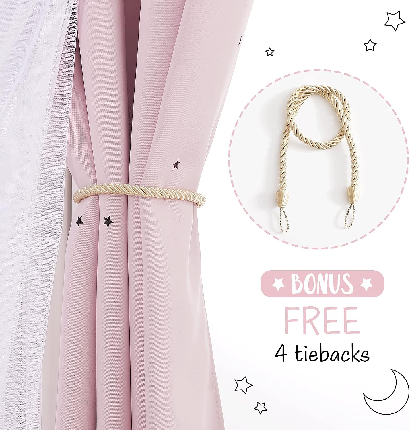 image:imageNICETOWN Kids Room Decor Curtains for Girls Nursery Star Cut Princess Room Design Curtains with Versatile Styling Options for Backdrops Pink amp Yellow amp Green amp Pink Each is W52 x L84 Sold by 2Moon Star Baby Pink