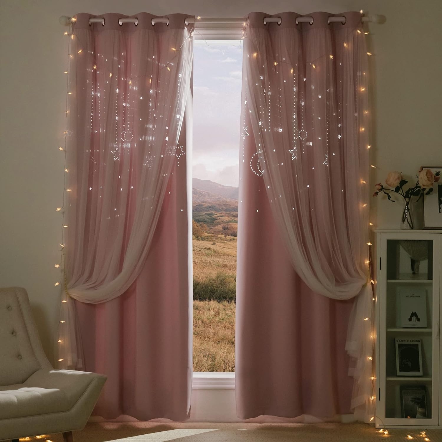 image:imageNICETOWN Kids Room Decor Curtains for Girls Nursery Star Cut Princess Room Design Curtains with Versatile Styling Options for Backdrops Pink amp Yellow amp Green amp Pink Each is W52 x L84 Sold by 2Moon Star Baby Pink