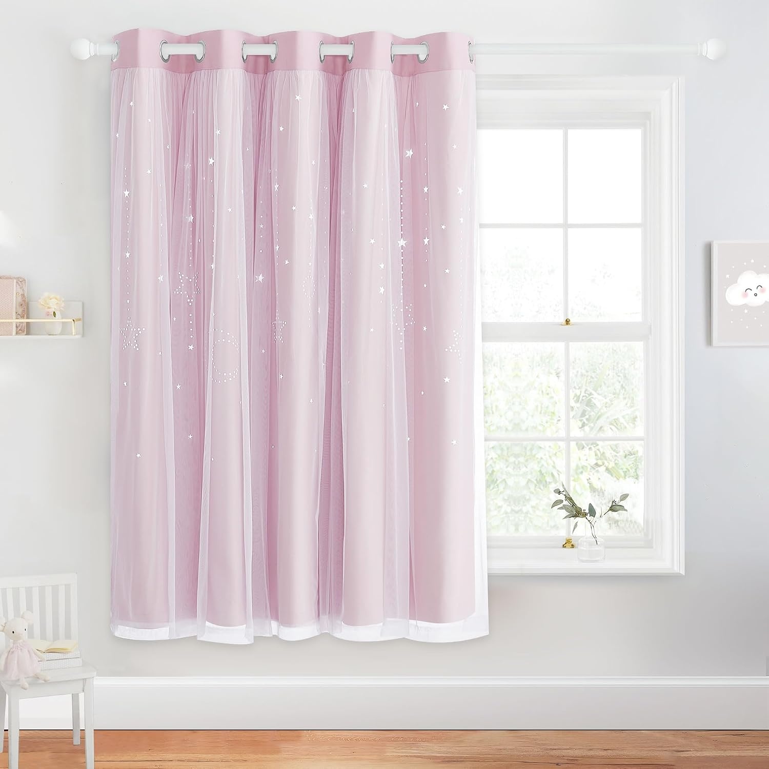 image:imageNICETOWN Kids Room Decor Curtains for Girls Nursery Star Cut Princess Room Design Curtains with Versatile Styling Options for Backdrops Pink amp Yellow amp Green amp Pink Each is W52 x L84 Sold by 2Pink