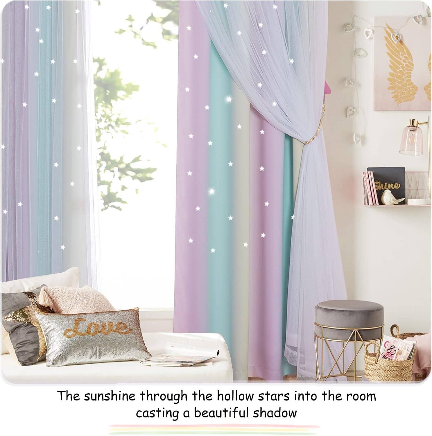 image:imageNICETOWN Kids Room Decor Curtains for Girls Nursery Star Cut Princess Room Design Curtains with Versatile Styling Options for Backdrops Pink amp Yellow amp Green amp Pink Each is W52 x L84 Sold by 2Purple Blue Yellow