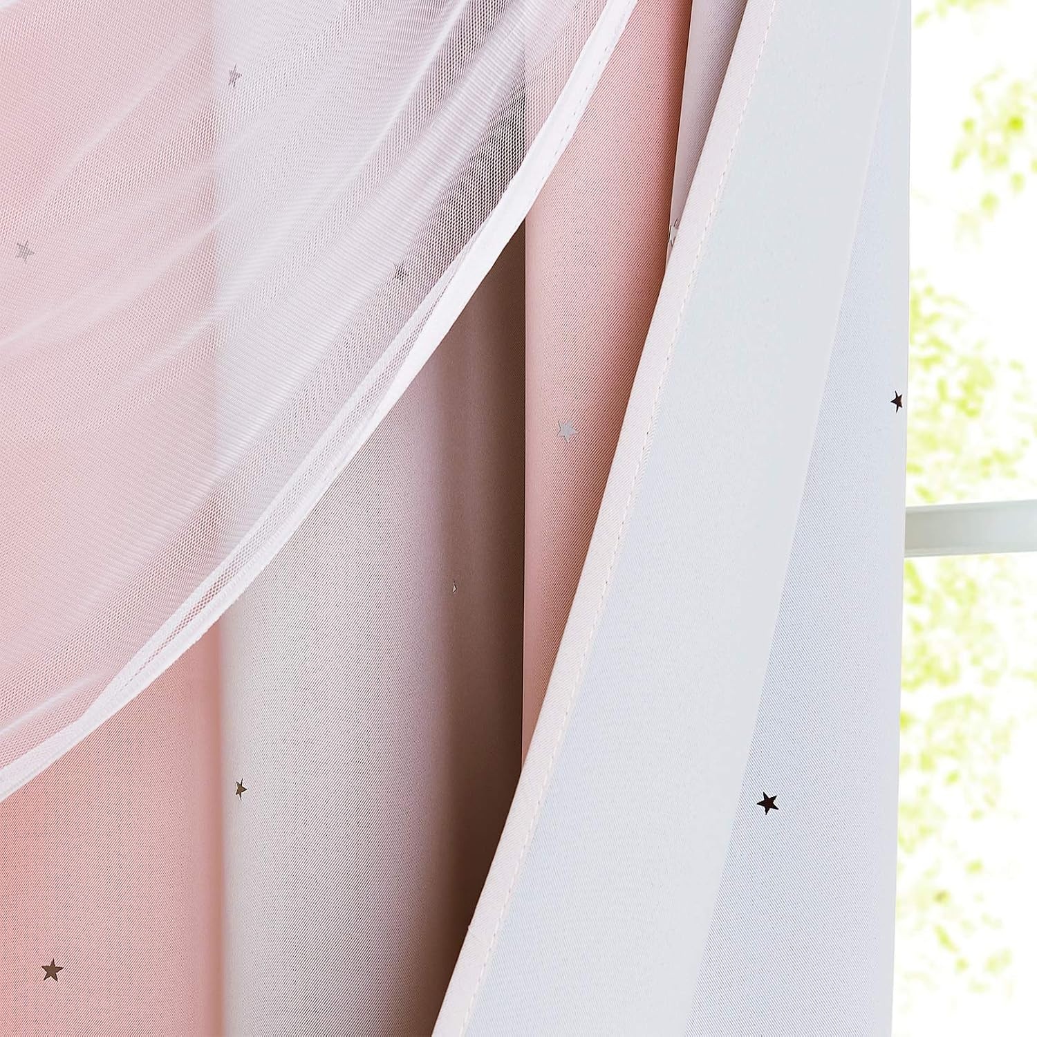 image:imageNICETOWN Kids Room Decor Curtains for Girls Nursery Star Cut Princess Room Design Curtains with Versatile Styling Options for Backdrops Pink amp Yellow amp Green amp Pink Each is W52 x L84 Sold by 2Pink Grey