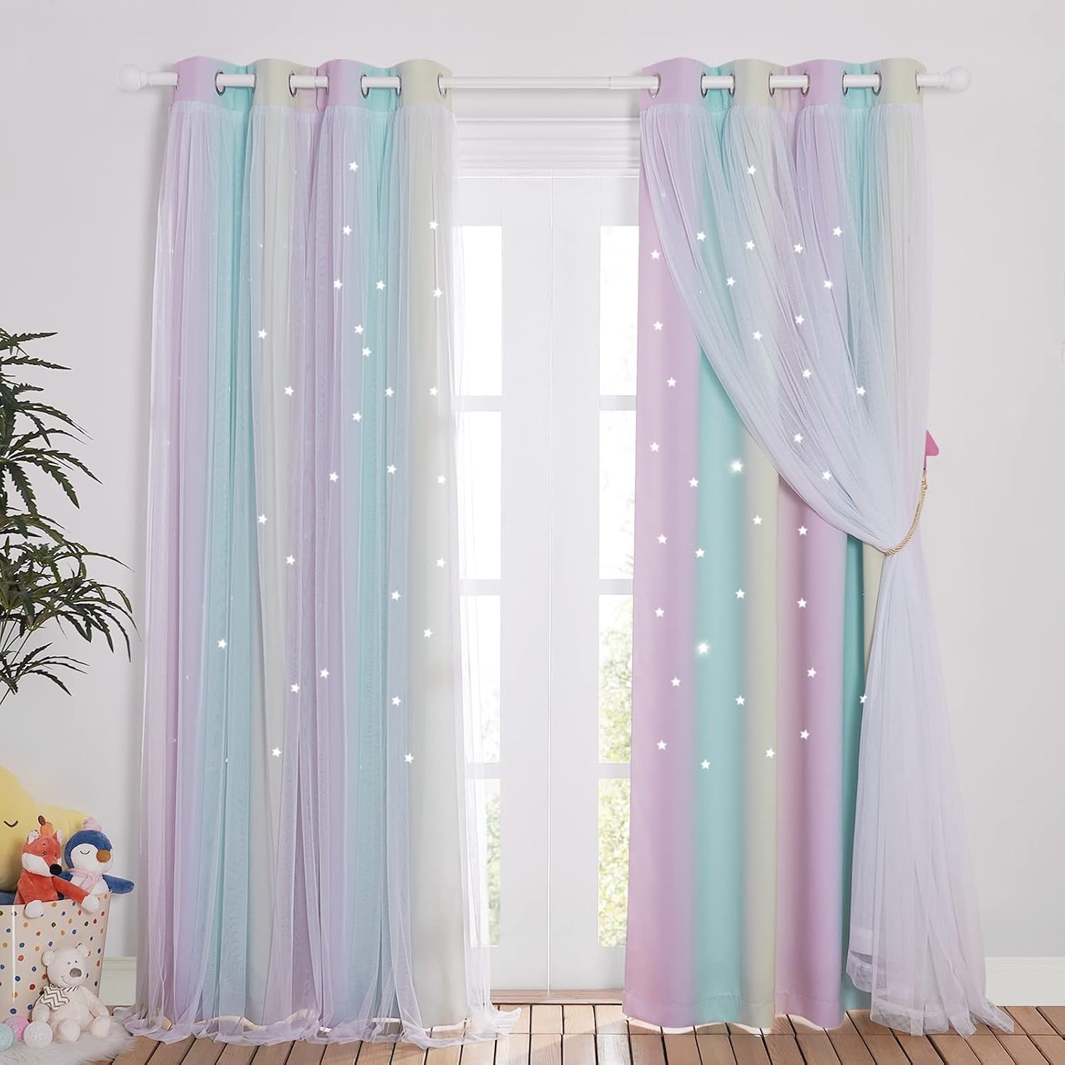 image:imageNICETOWN Kids Room Decor Curtains for Girls Nursery Star Cut Princess Room Design Curtains with Versatile Styling Options for Backdrops Pink amp Yellow amp Green amp Pink Each is W52 x L84 Sold by 2Purple Blue Yellow