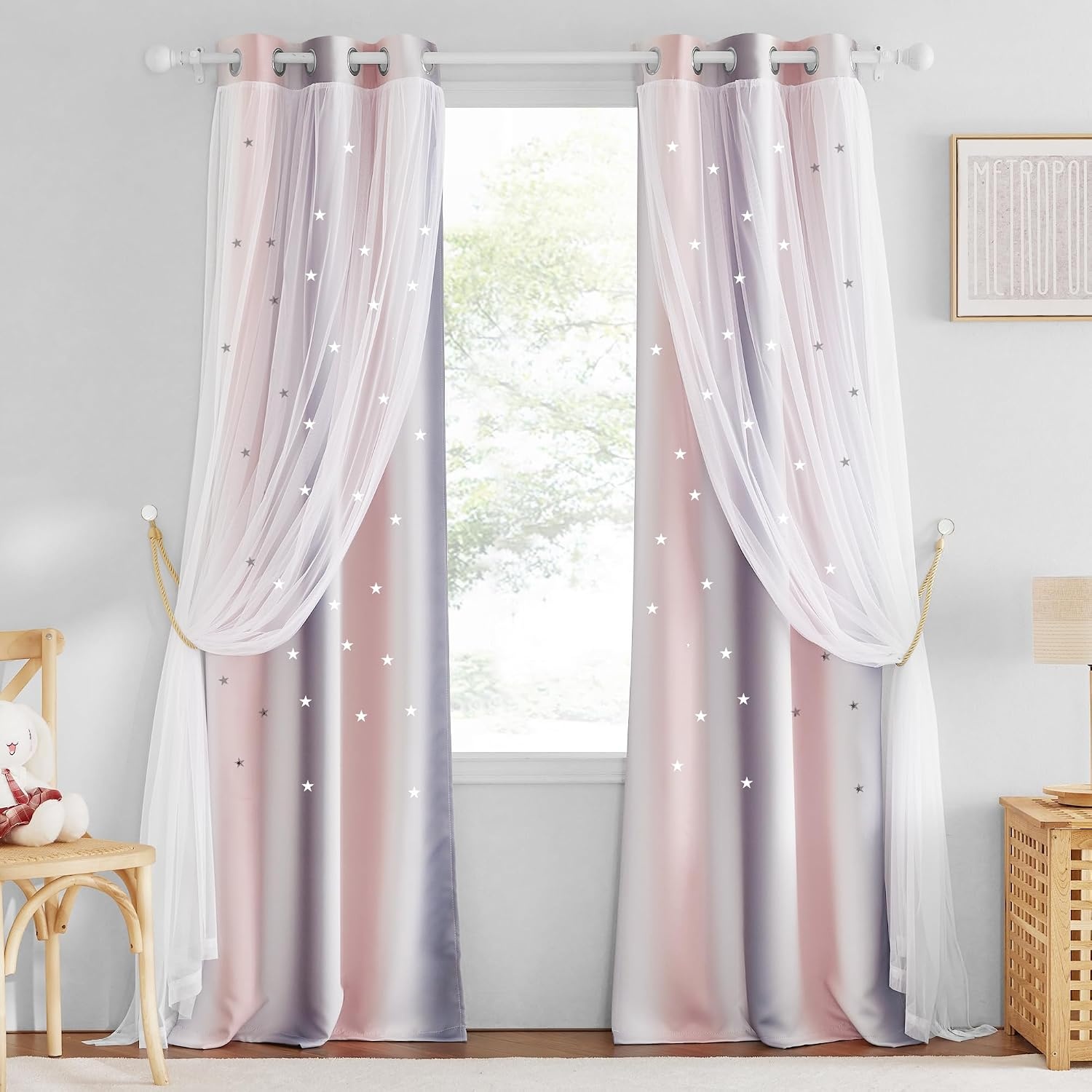 image:imageNICETOWN Kids Room Decor Curtains for Girls Nursery Star Cut Princess Room Design Curtains with Versatile Styling Options for Backdrops Pink amp Yellow amp Green amp Pink Each is W52 x L84 Sold by 2Pink Grey