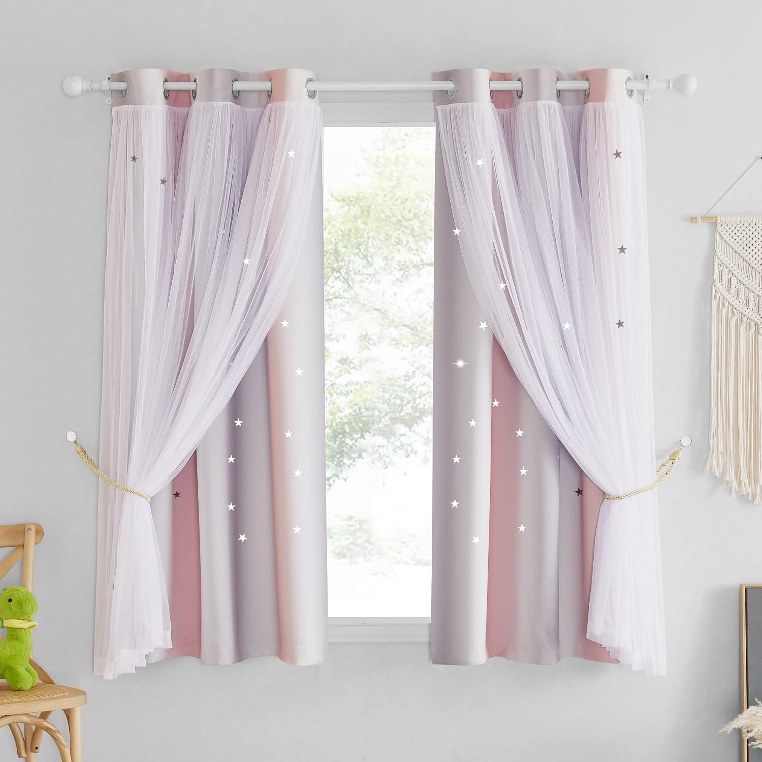 image:imageNICETOWN Kids Room Decor Curtains for Girls Nursery Star Cut Princess Room Design Curtains with Versatile Styling Options for Backdrops Pink amp Yellow amp Green amp Pink Each is W52 x L84 Sold by 2Pink Grey