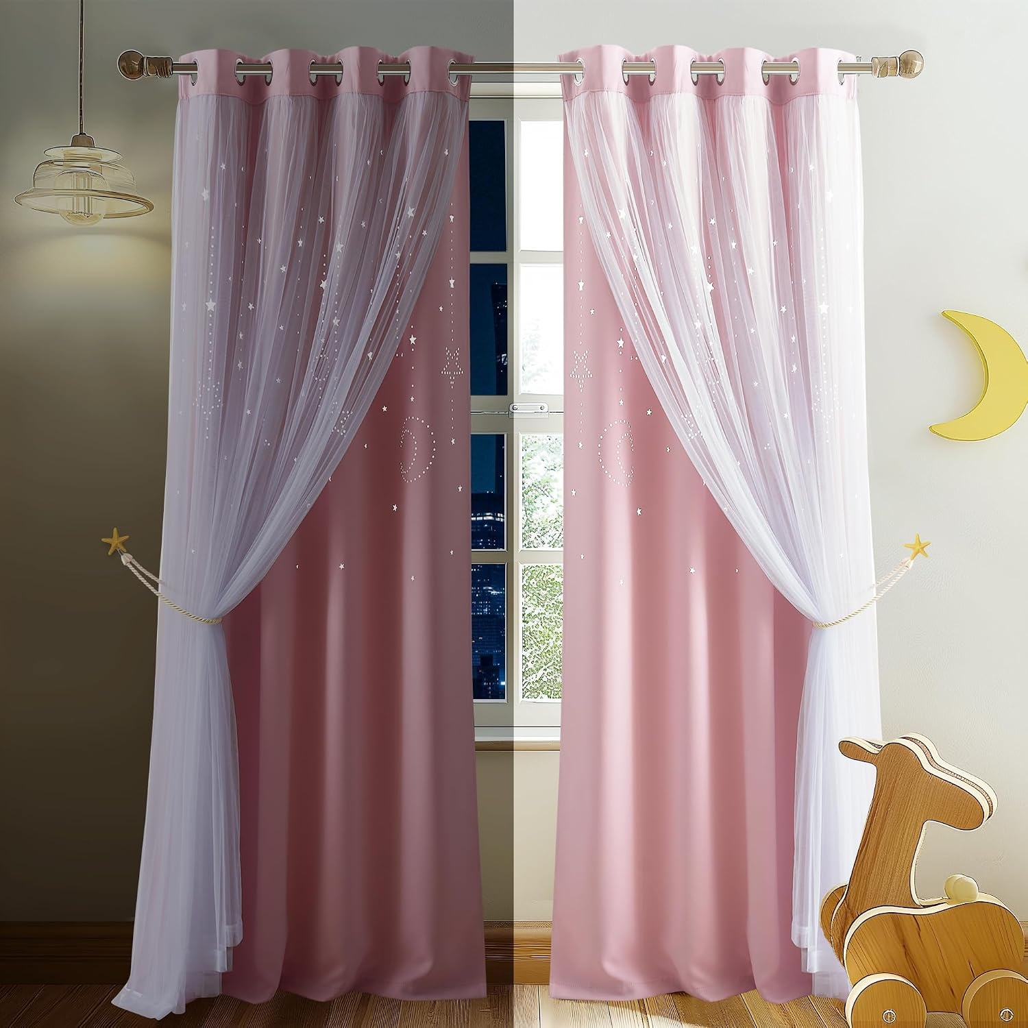 image:imageNICETOWN Kids Room Decor Curtains for Girls Nursery Star Cut Princess Room Design Curtains with Versatile Styling Options for Backdrops Pink amp Yellow amp Green amp Pink Each is W52 x L84 Sold by 2Moon Star Baby Pink