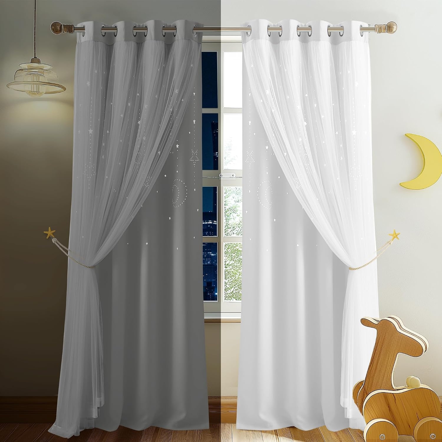 image:imageNICETOWN Kids Room Decor Curtains for Girls Nursery Star Cut Princess Room Design Curtains with Versatile Styling Options for Backdrops Pink amp Yellow amp Green amp Pink Each is W52 x L84 Sold by 2Moon Star Greyish White