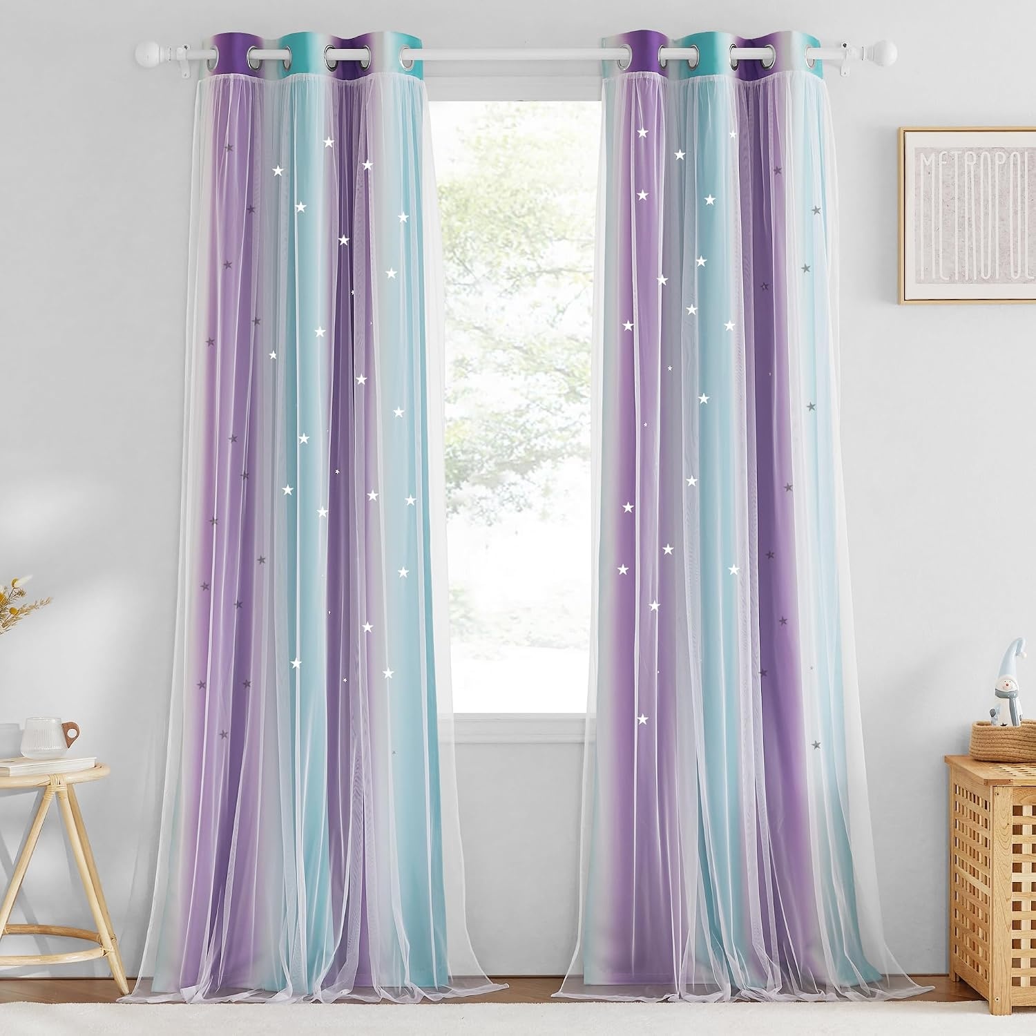 image:imageNICETOWN Kids Room Decor Curtains for Girls Nursery Star Cut Princess Room Design Curtains with Versatile Styling Options for Backdrops Pink amp Yellow amp Green amp Pink Each is W52 x L84 Sold by 2Teal Purple