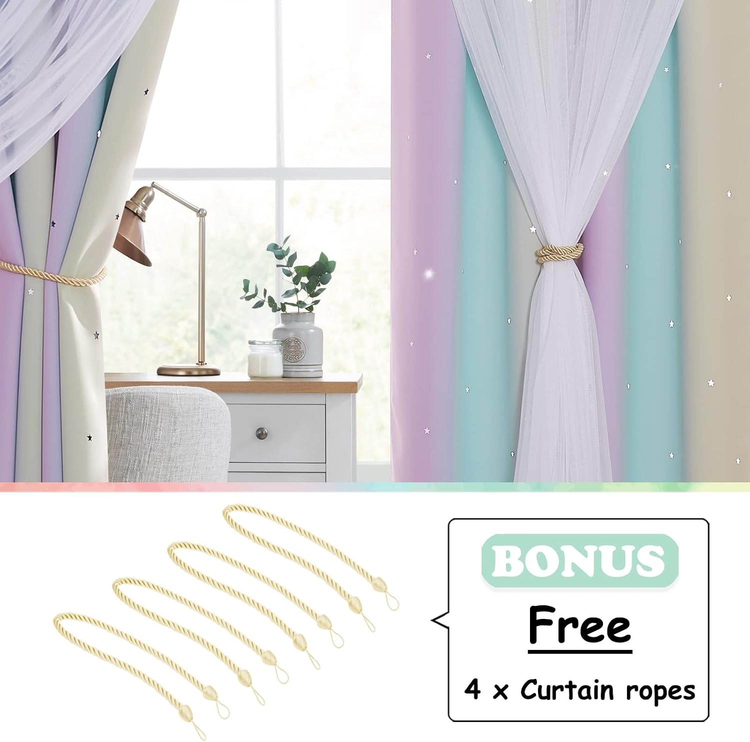 image:imageNICETOWN Kids Room Decor Curtains for Girls Nursery Star Cut Princess Room Design Curtains with Versatile Styling Options for Backdrops Pink amp Yellow amp Green amp Pink Each is W52 x L84 Sold by 2Purple Blue Yellow
