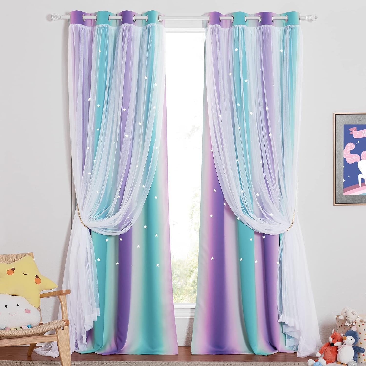 image:imageNICETOWN Kids Room Decor Curtains for Girls Nursery Star Cut Princess Room Design Curtains with Versatile Styling Options for Backdrops Pink amp Yellow amp Green amp Pink Each is W52 x L84 Sold by 2Teal Purple