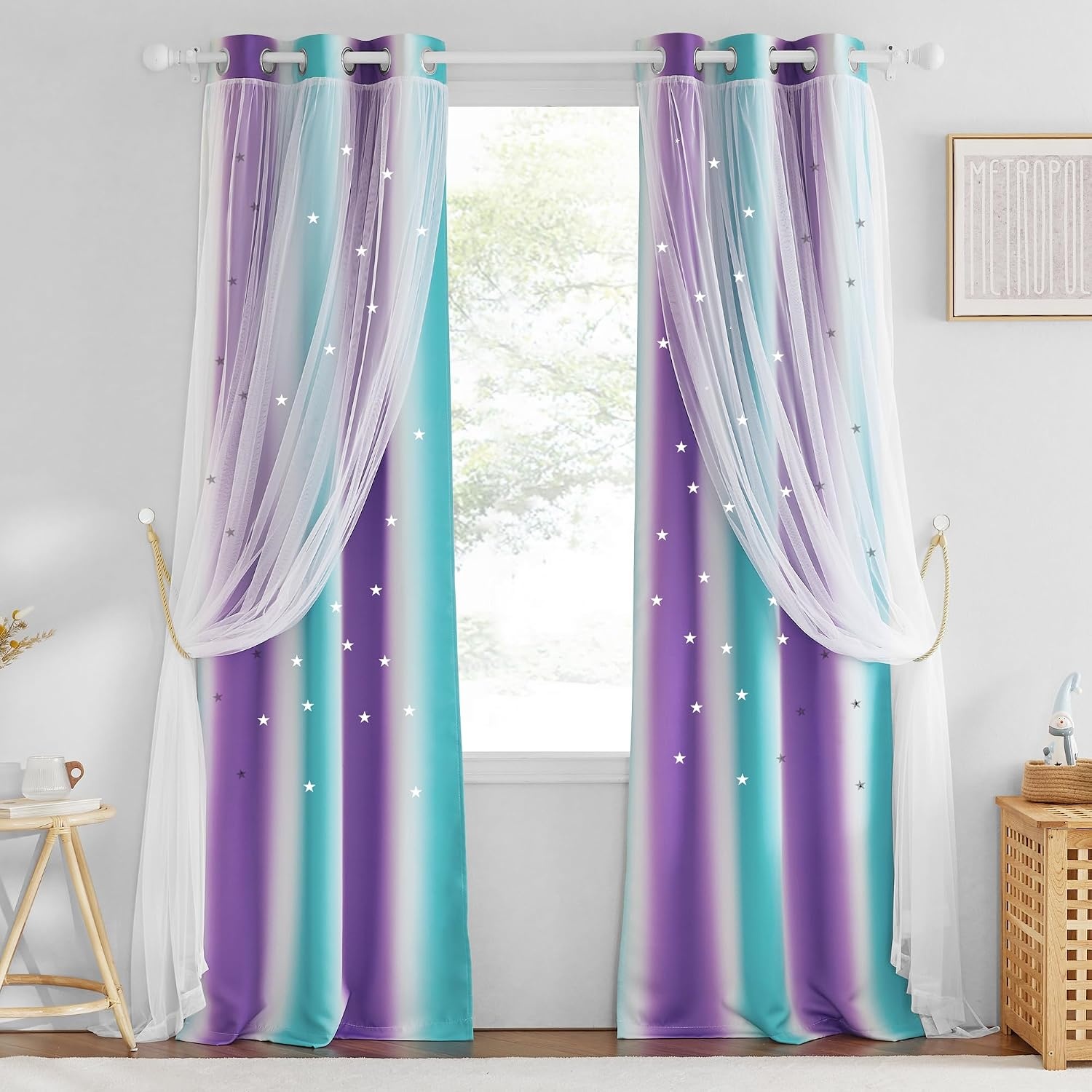 image:imageNICETOWN Kids Room Decor Curtains for Girls Nursery Star Cut Princess Room Design Curtains with Versatile Styling Options for Backdrops Pink amp Yellow amp Green amp Pink Each is W52 x L84 Sold by 2Teal Purple