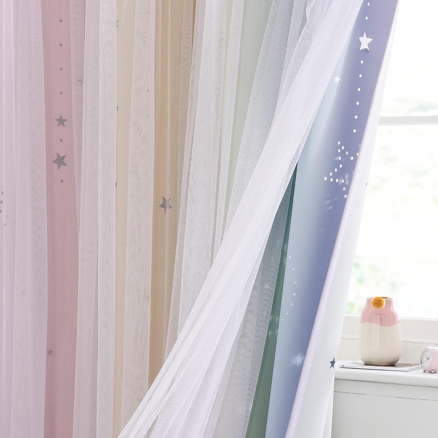 image:imageNICETOWN Kids Room Decor Curtains for Girls Nursery Star Cut Princess Room Design Curtains with Versatile Styling Options for Backdrops Pink amp Yellow amp Green amp Pink Each is W52 x L84 Sold by 2Moon Star Rainbow1