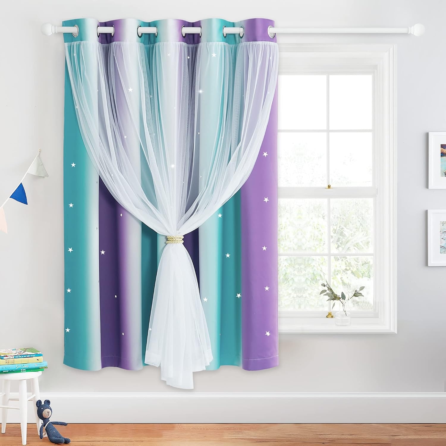 image:imageNICETOWN Kids Room Decor Curtains for Girls Nursery Star Cut Princess Room Design Curtains with Versatile Styling Options for Backdrops Pink amp Yellow amp Green amp Pink Each is W52 x L84 Sold by 2Teal Purple